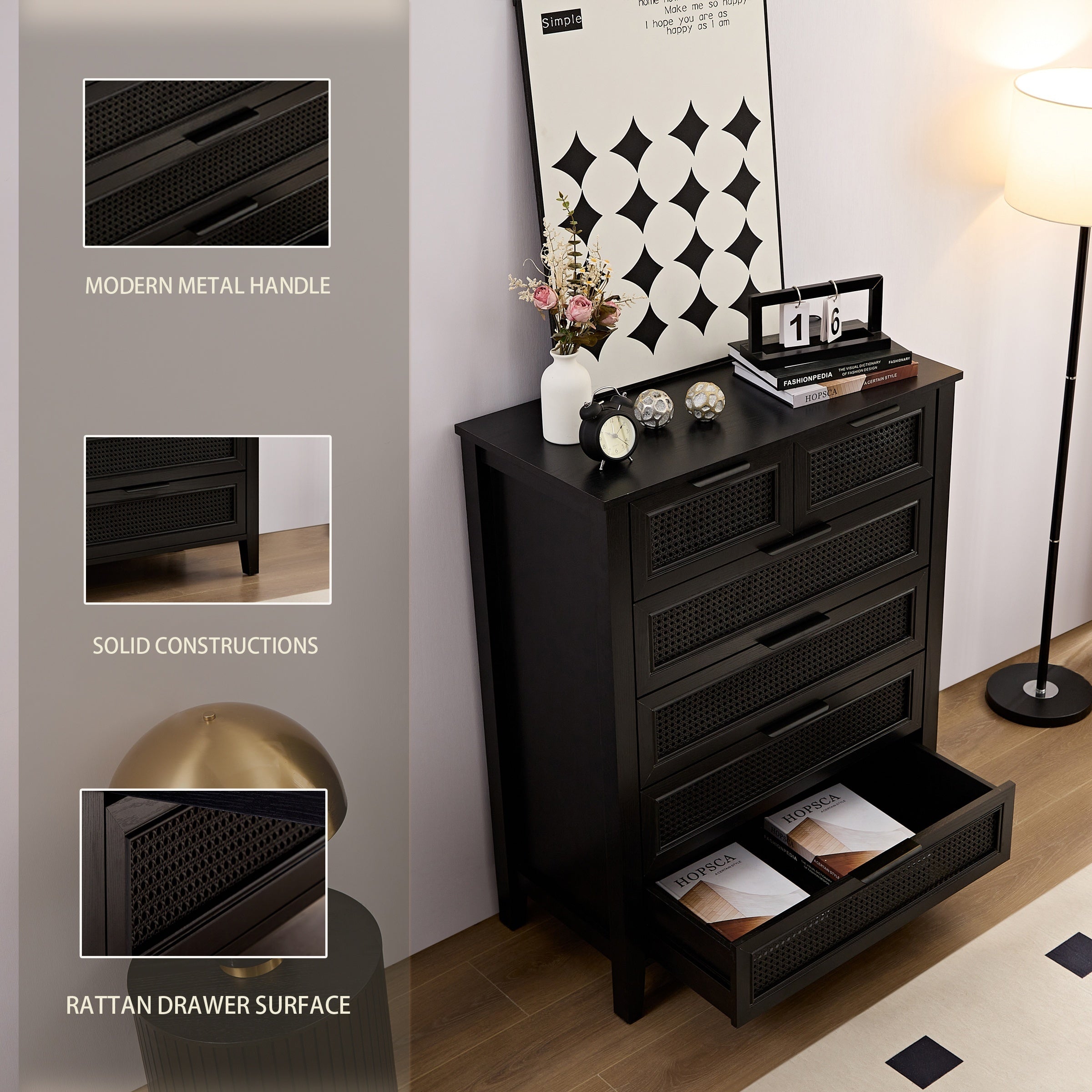 Black 6 Drawers Dresser, Dressing Table For Bedroom, Rattan Dresser For Household Storage And Organizing Tools, Tall Storage Cabinet For Studio, 6 Chest Of Drawers Cabinet For Living Room, Hallway