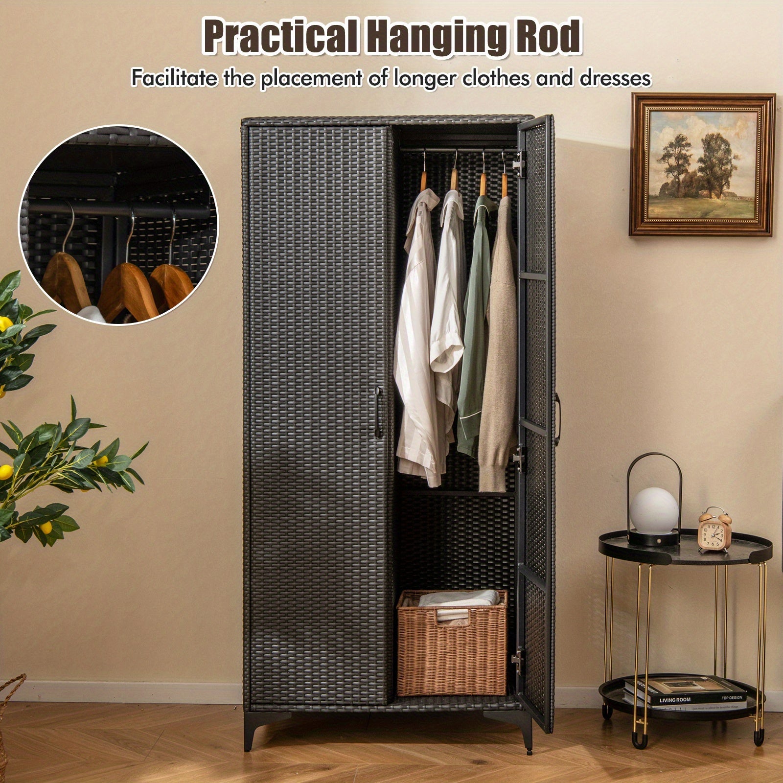 Wardrobe with 2 Doors, 62" PE Rattan Wardrobe Armoire Closet w/ Hanging Rod & 4 Storage Cubes, Clothes Organizer for Bedroom, Storage Cabinet for Home, Patio, Garage