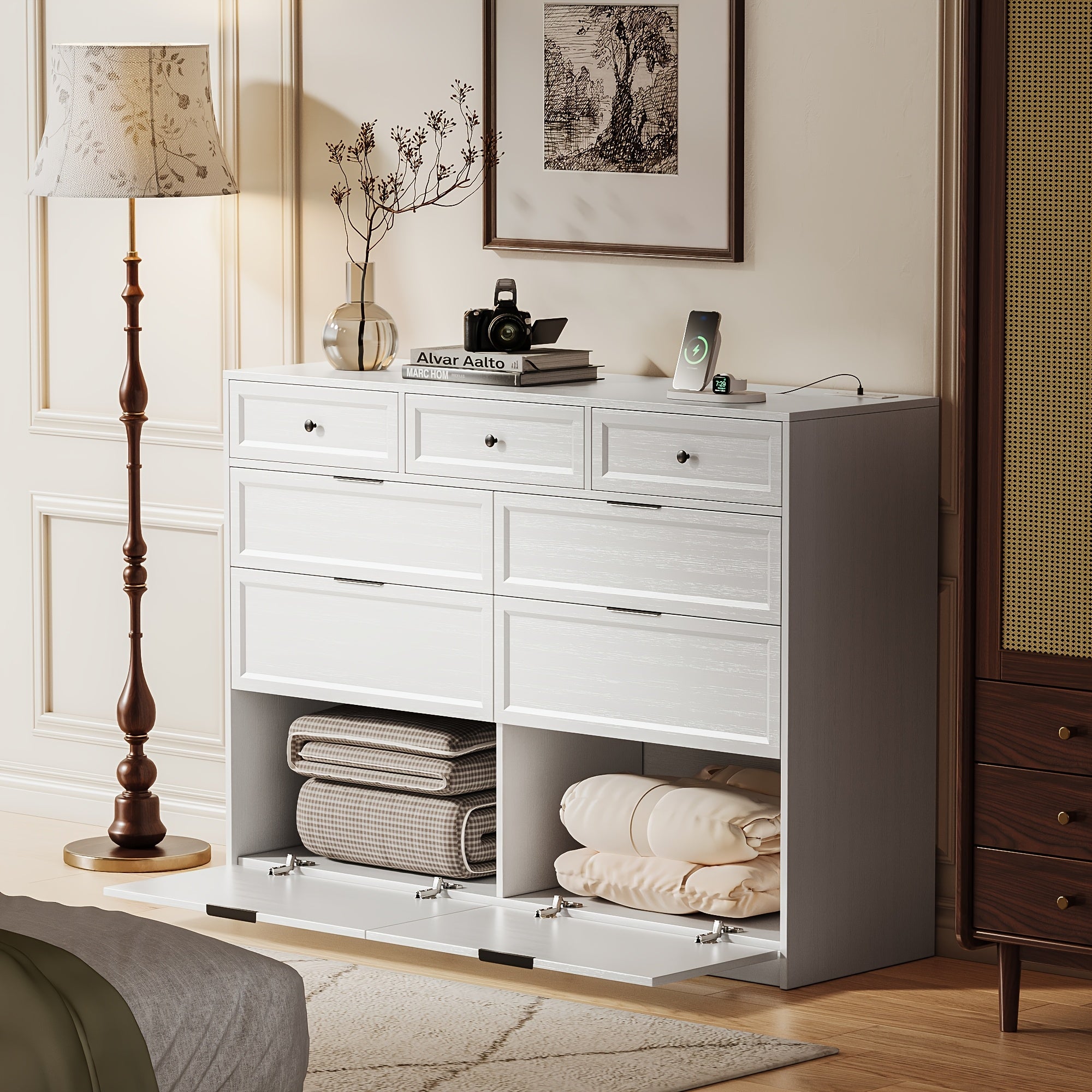 9 Drawer Dresser For Bedroom 120cm Long Modern Chest Of Drawers With Power Outlet Mid Century Dresser Fluted Dresser