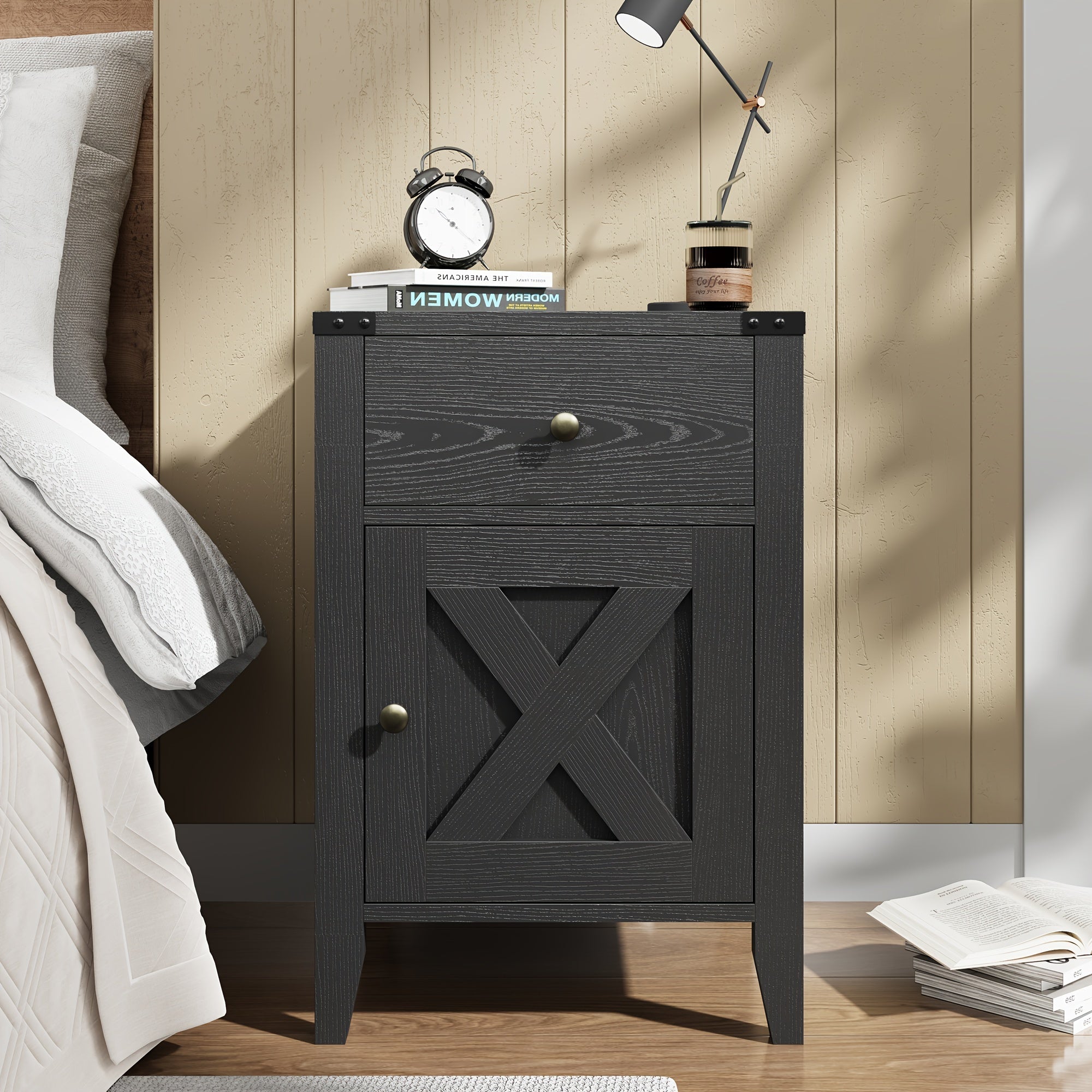 Farmhouse Nightstand with Drawer and Storage Cabinet, End Side Table for Bedroom