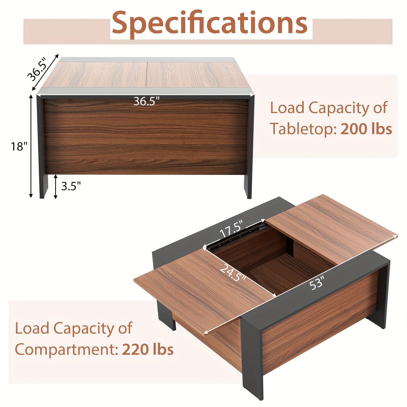 1pc Rustic Wooden Farmhouse Coffee Table with Hidden Storage - Extendable Sliding Top 5 Sturdy Feet Uncharged Wood
