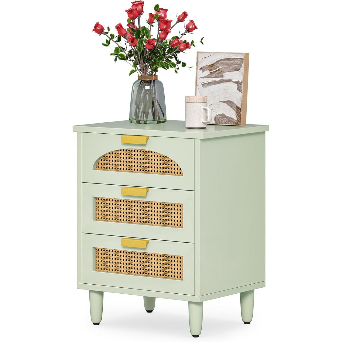 Mint Green Rattan Nightstand with 3 Drawers - Modern Wooden End Table for Living Room and Bedroom Hardwood Storage