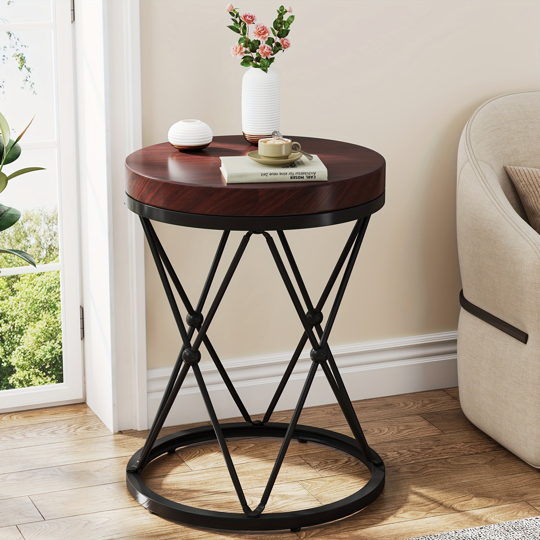 19.69" Round End Table, Modern Sofa Side Table With X-Shaped Base, Wooden And Metal Cocktail Table Accent Table Nightstand For Living Room Bedroom