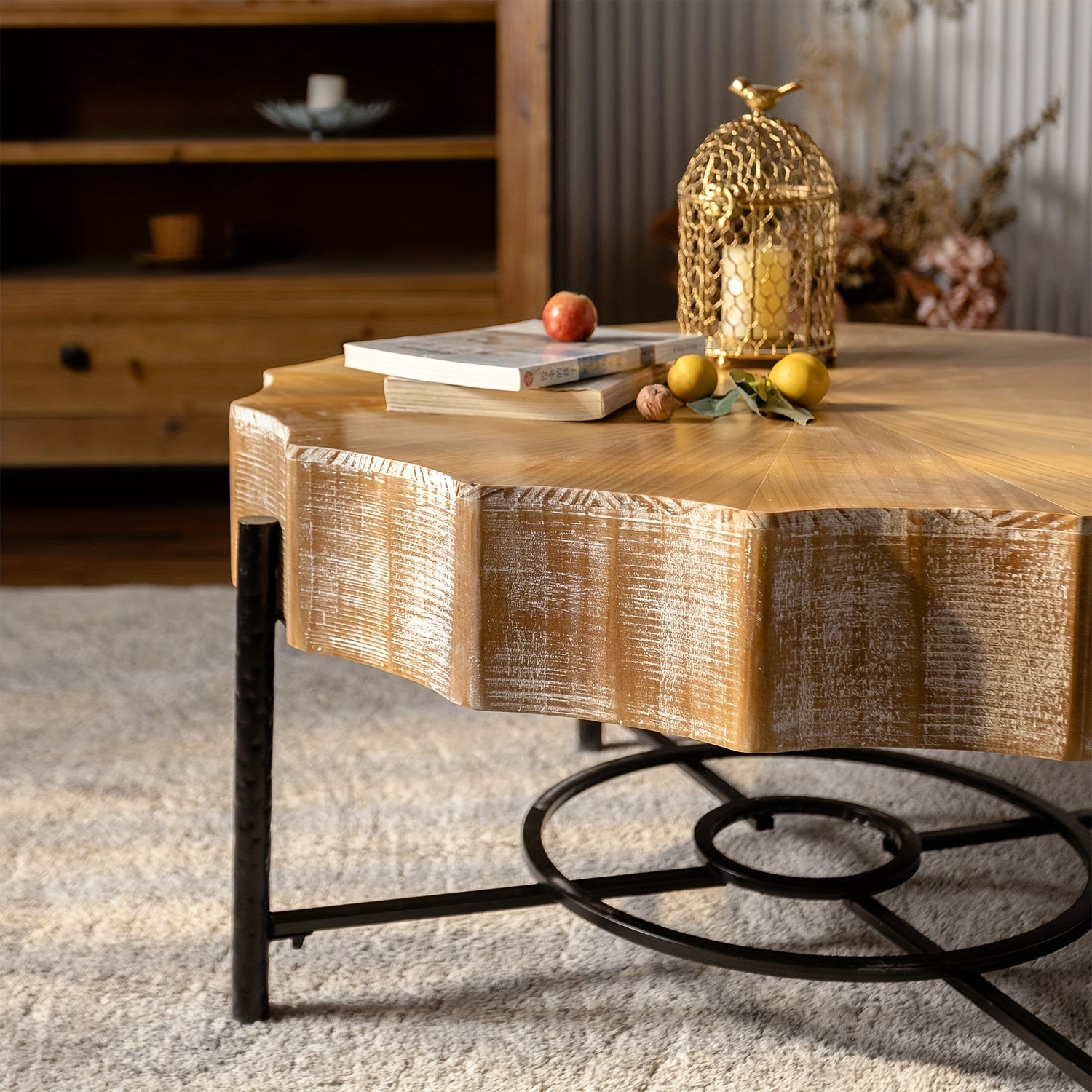 Vintage Patchwork Lace Shape Coffee Table With Natural Pine Grain Table Top And Dimpled Metal Cross Legs, Cedar Coffee Table Set, For Living Room, Meeting Room