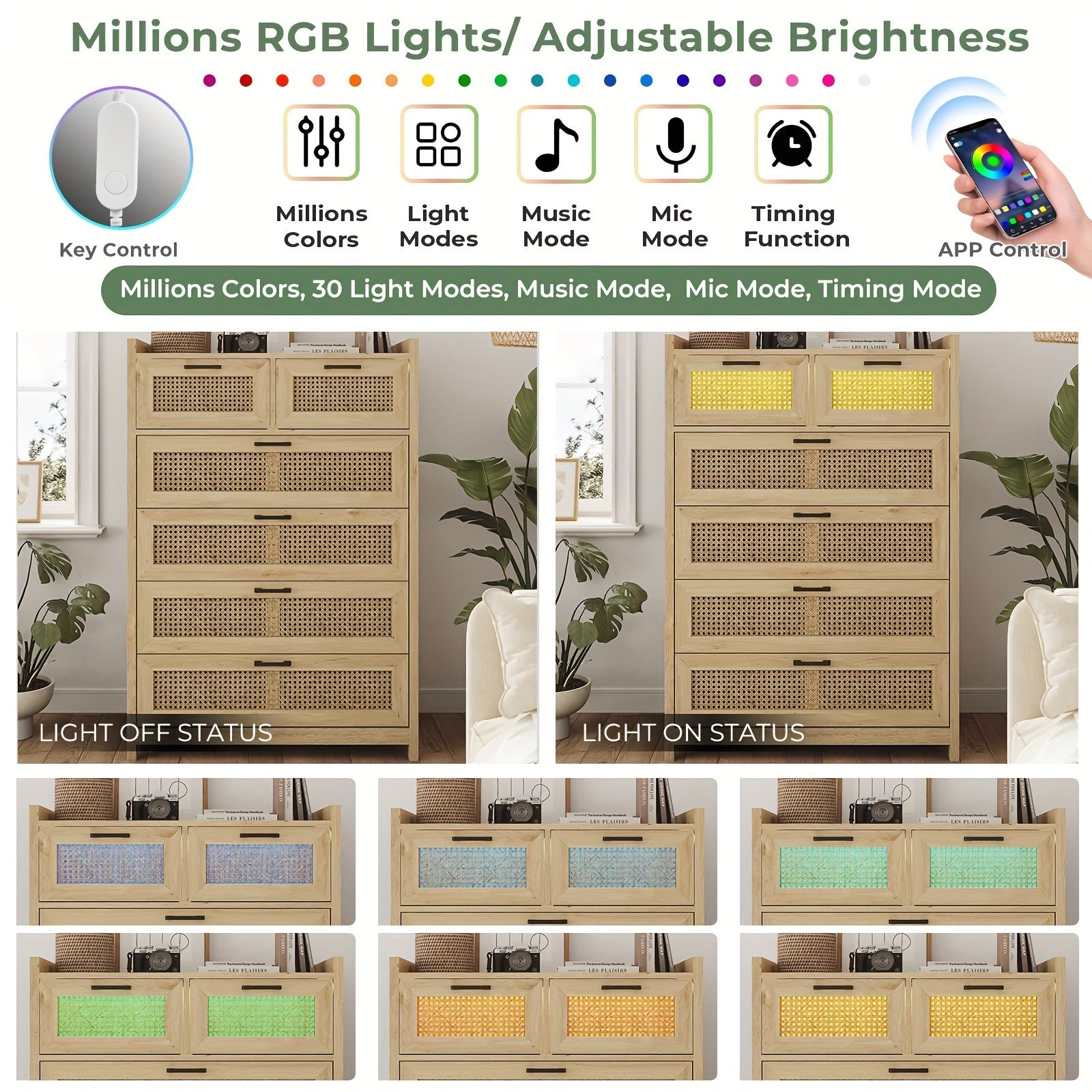 6 Drawer Dresser for Bedroom Natural Rattan Dressers with LED Light Tall Dressers Morden Chests of Drawers Dresser