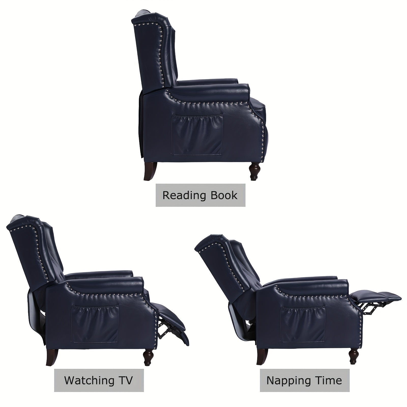 Recliner Chair With Heat And Massage, PU Leather Push Back Recliner Chair For Living Room, Vintage Wingback Recliner With Remote Control, Padded Cushion, Backrest, Wooden Legs (Navy Blue)