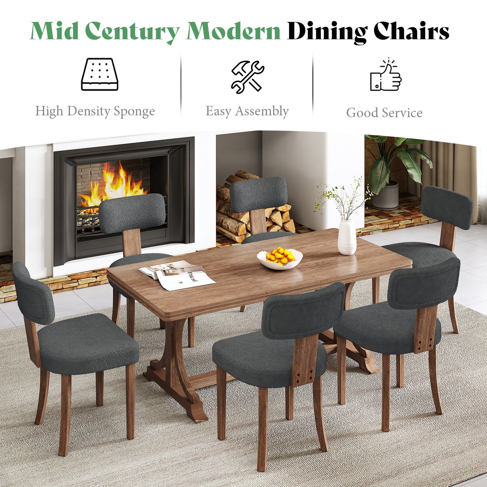 Modern Linen Dining Kitchen Chairs with Upholstered Curved Backrest & Seat, Chairs for Dining Table, Hardwood Frame