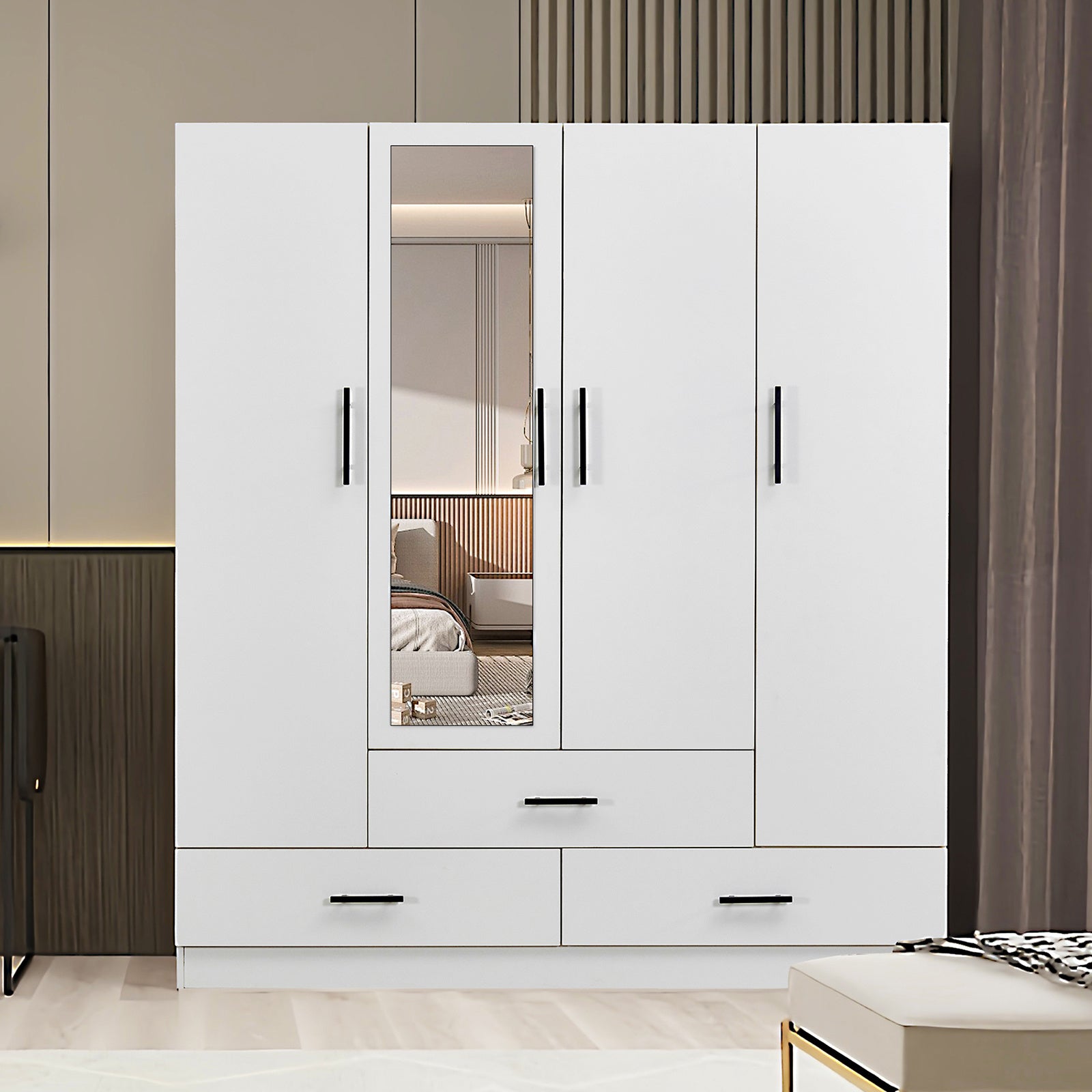 4-Door Armoires Wardrobe Closet with Hanging Rods & Drawers, Wood Bedroom Wardrobe for Clothing Storage