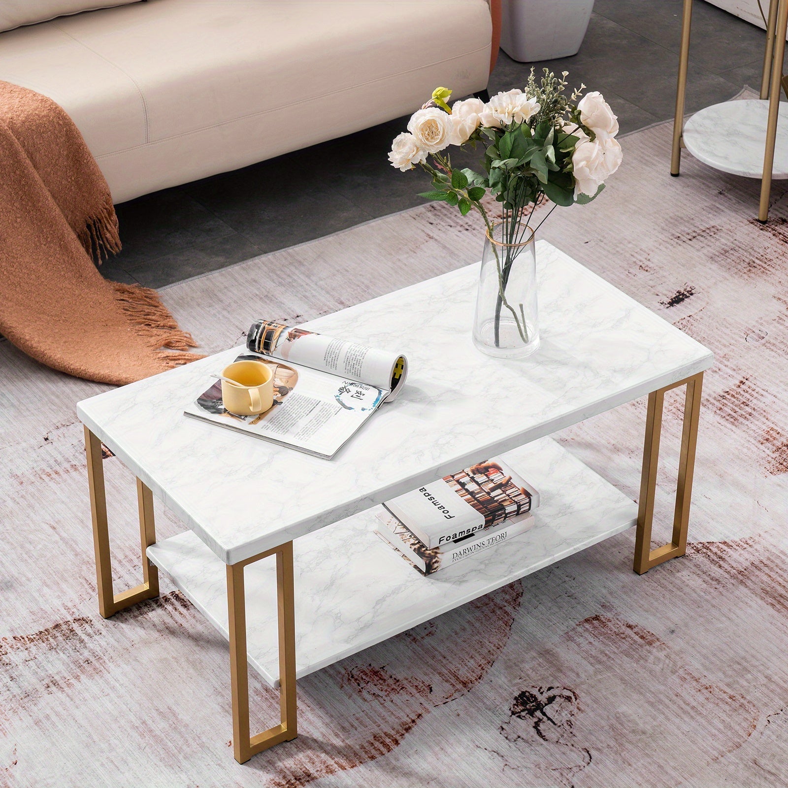 Rectangular Coffee Table, Modern Golden Frame with Faux Marble Top, Classic Style Storage Table for Living Room Bedroom - White