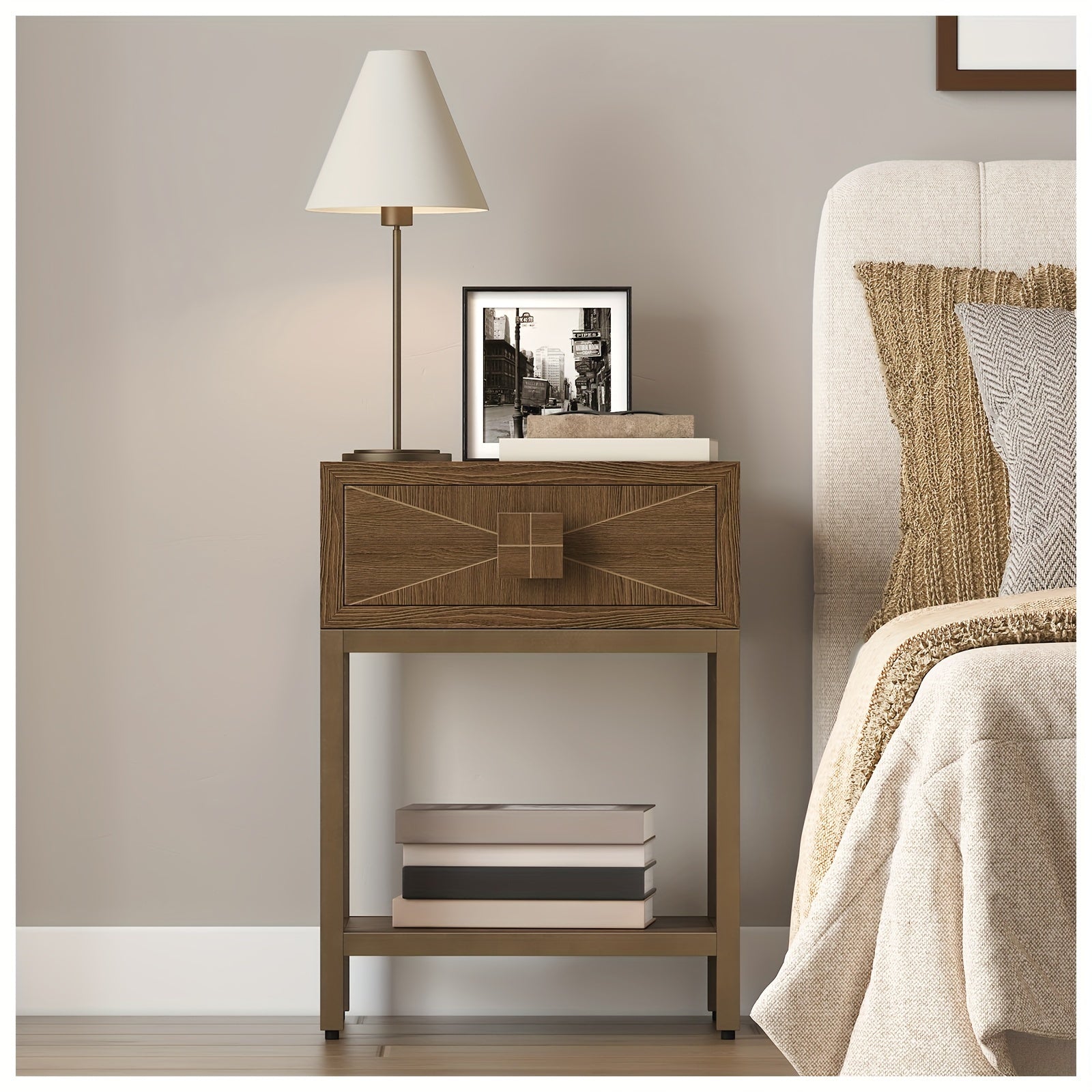 1pc Modern Farmhouse Bedside Table, Brown Oak Finish, Space-Saving Nightstand with Drawer, Engineered Wood Top, Manufactured Wood Base, Sturdy Metal Frame, Adjustable Foot Pads, Independent End Table for Living Room - <27" He