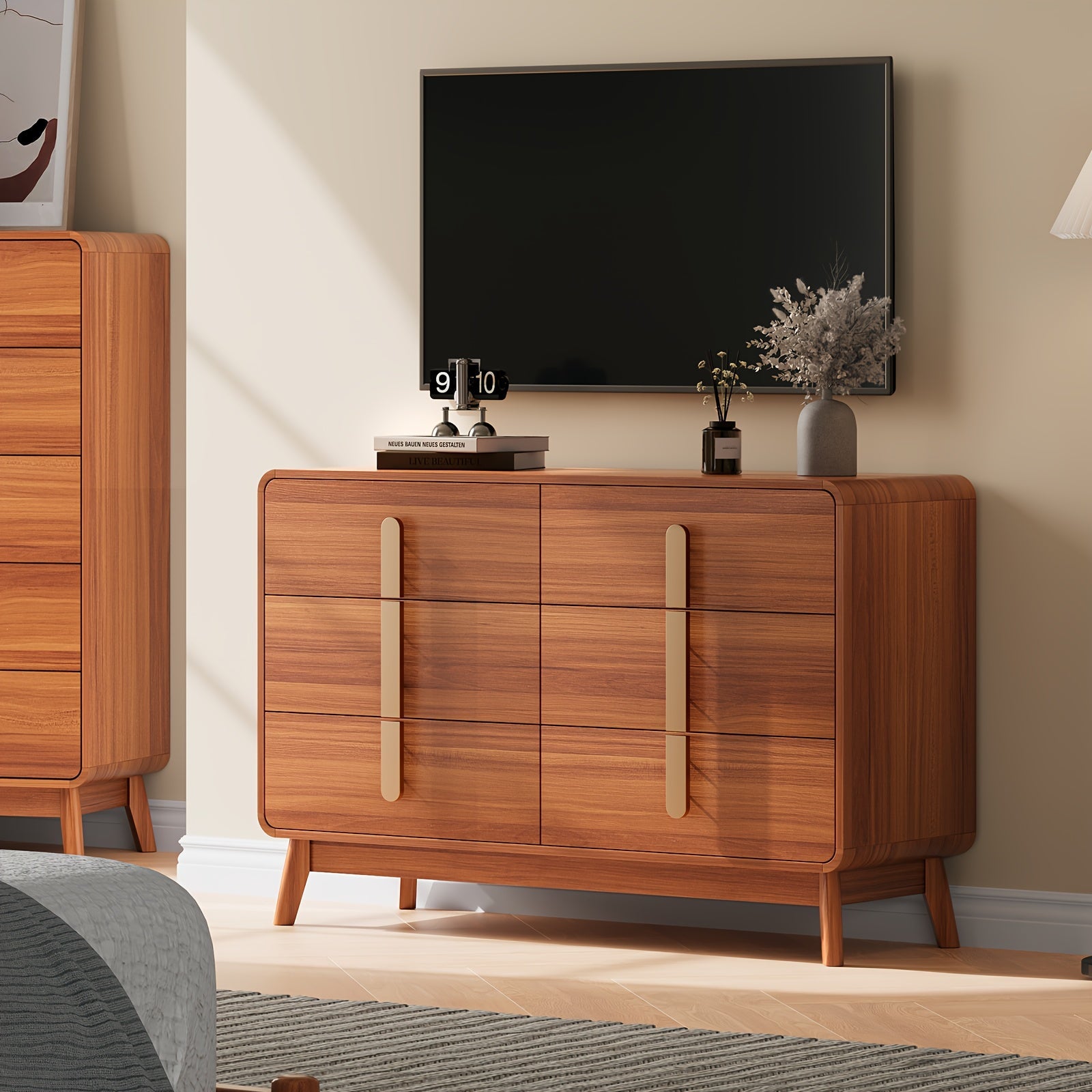 1pc Mid-Century Modern 6-Drawer Dresser Mid-Century Modern 6-Drawer Dresser Hardwood Chest of Drawers with Metal