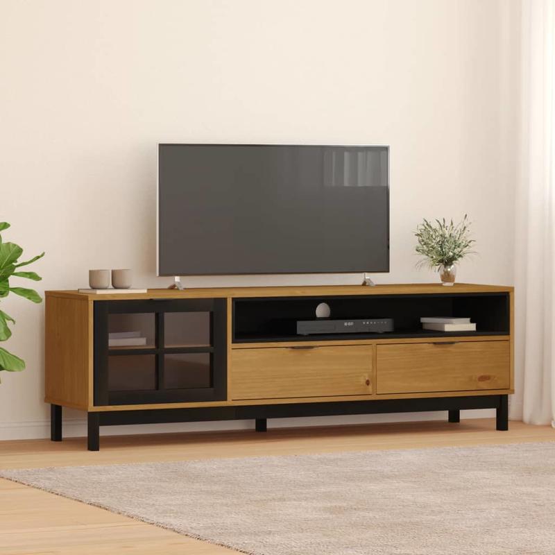 TV Stand with Glass Door FLAM 62.2"x15.7"x19.7" Solid Wood Pine