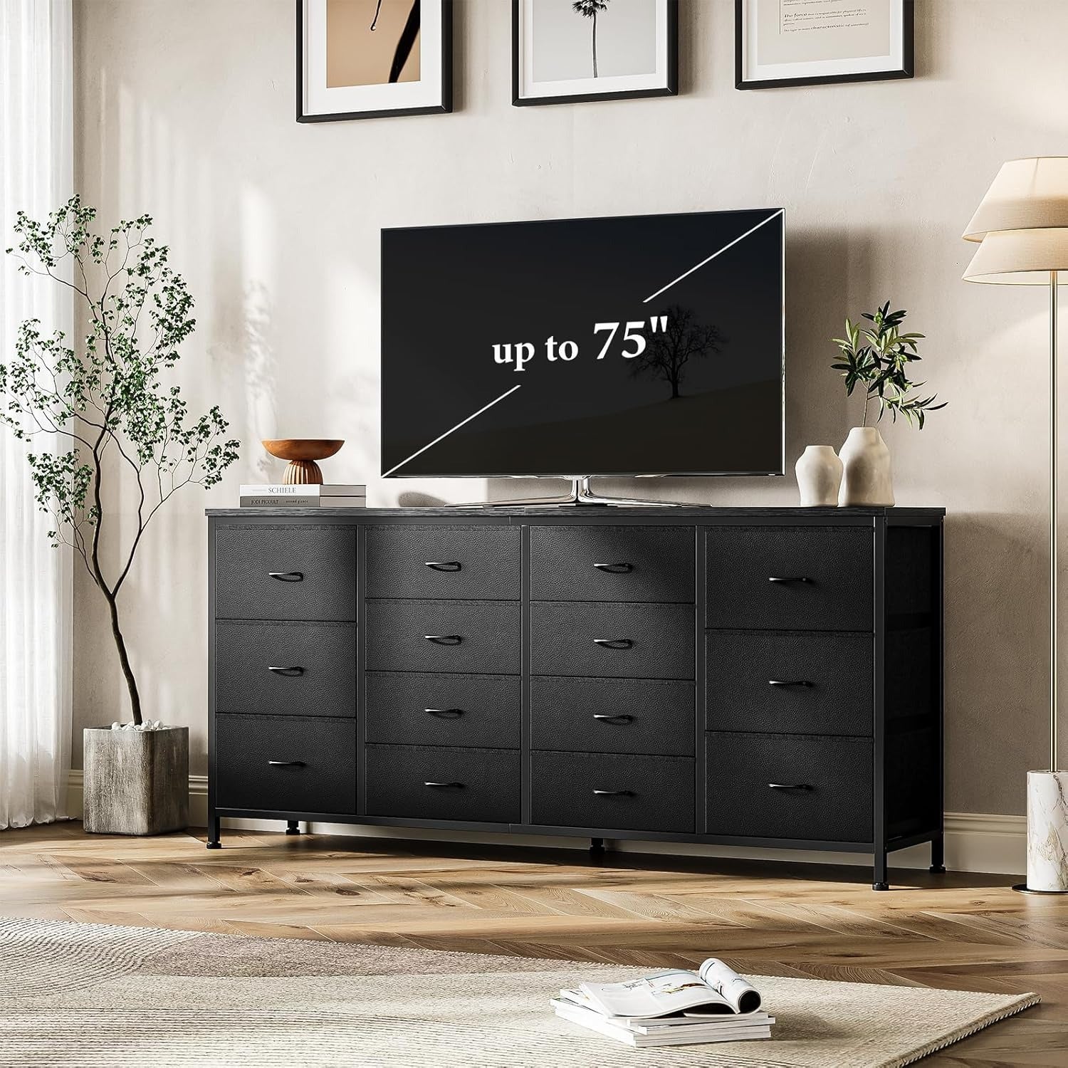 63" W Black Dresser TV Stand for 65 70 75 Inch TV, 14 Drawer for Bedroom with Power Outlets, Large Long Fabric Dresser Entertainment Center