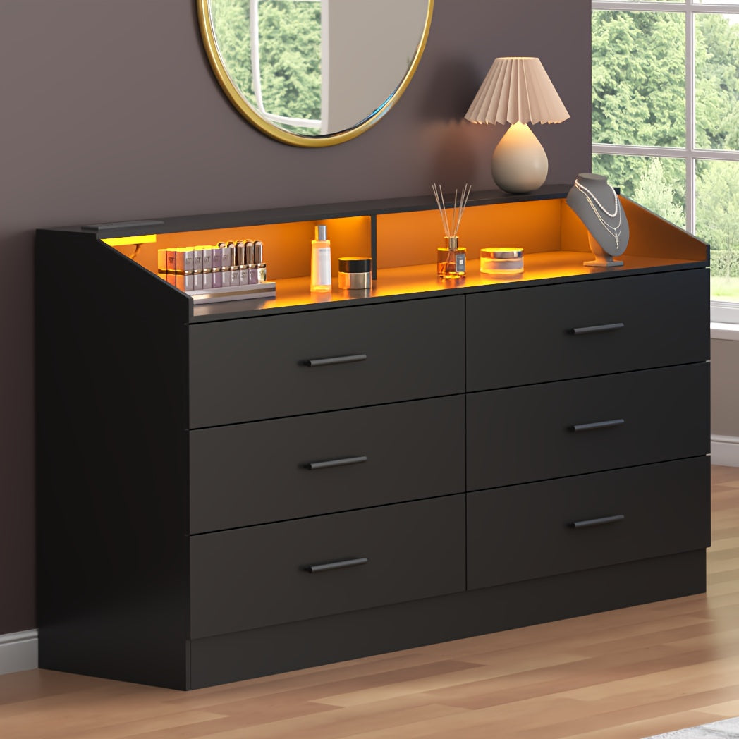 Dresser For Bedroom, 6 Drawers Dresser With Power Outlet, Chest Of Drawers For Closet, Modern Dresser With Open Storage Cubby, Drawer Dresser Organizer For Bedroom, Living Room, Entryway, Hallway