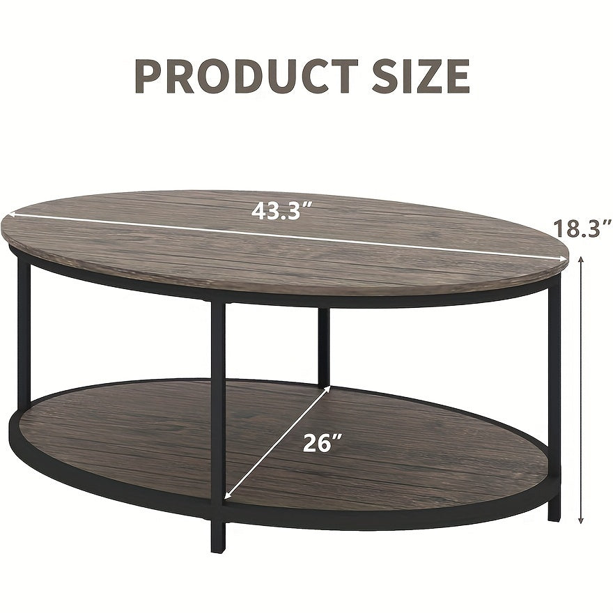 Oval Coffee Table 110cm Coffee Table With Wooden Shelf 2-Tier Modern Table Open Storage For Living Room Bedroom Home