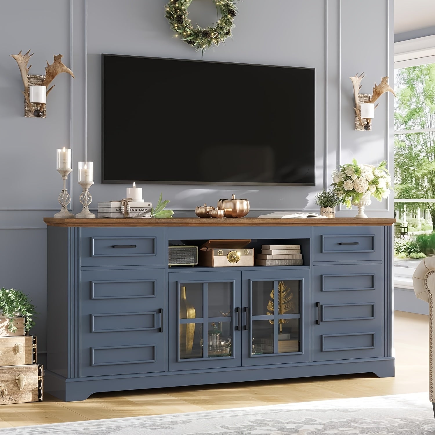 Modern Media TV Stand 66" for 75 Inch TV - Entertainment Center with Adjustable Shelves, Drawers, and Glass Cabinet, White/Blue, Metal, Assembly Required