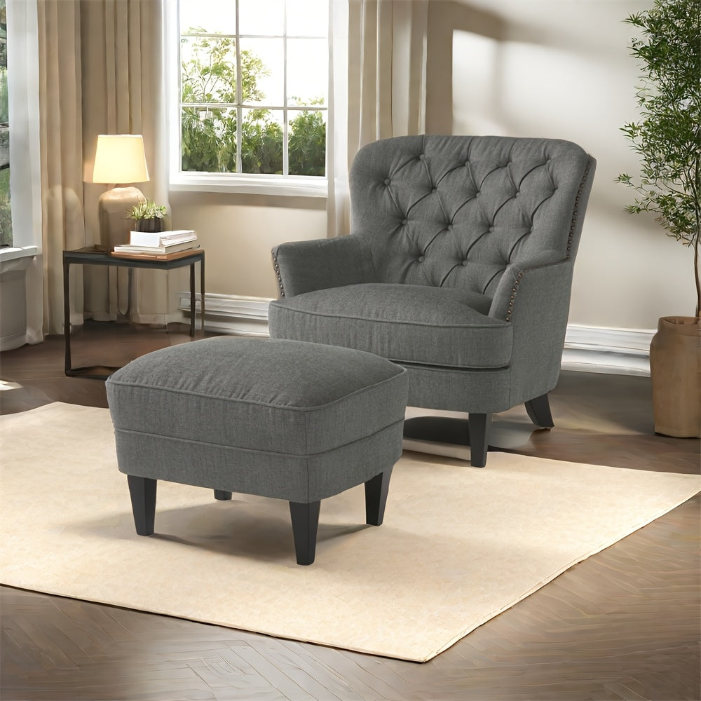 Contemporary Grey Fabric Club Chair and Ottoman Set, Stylish Upholstered Armchair with Matching Ottoman, Ideal for Modern Living Room Comfort and Style