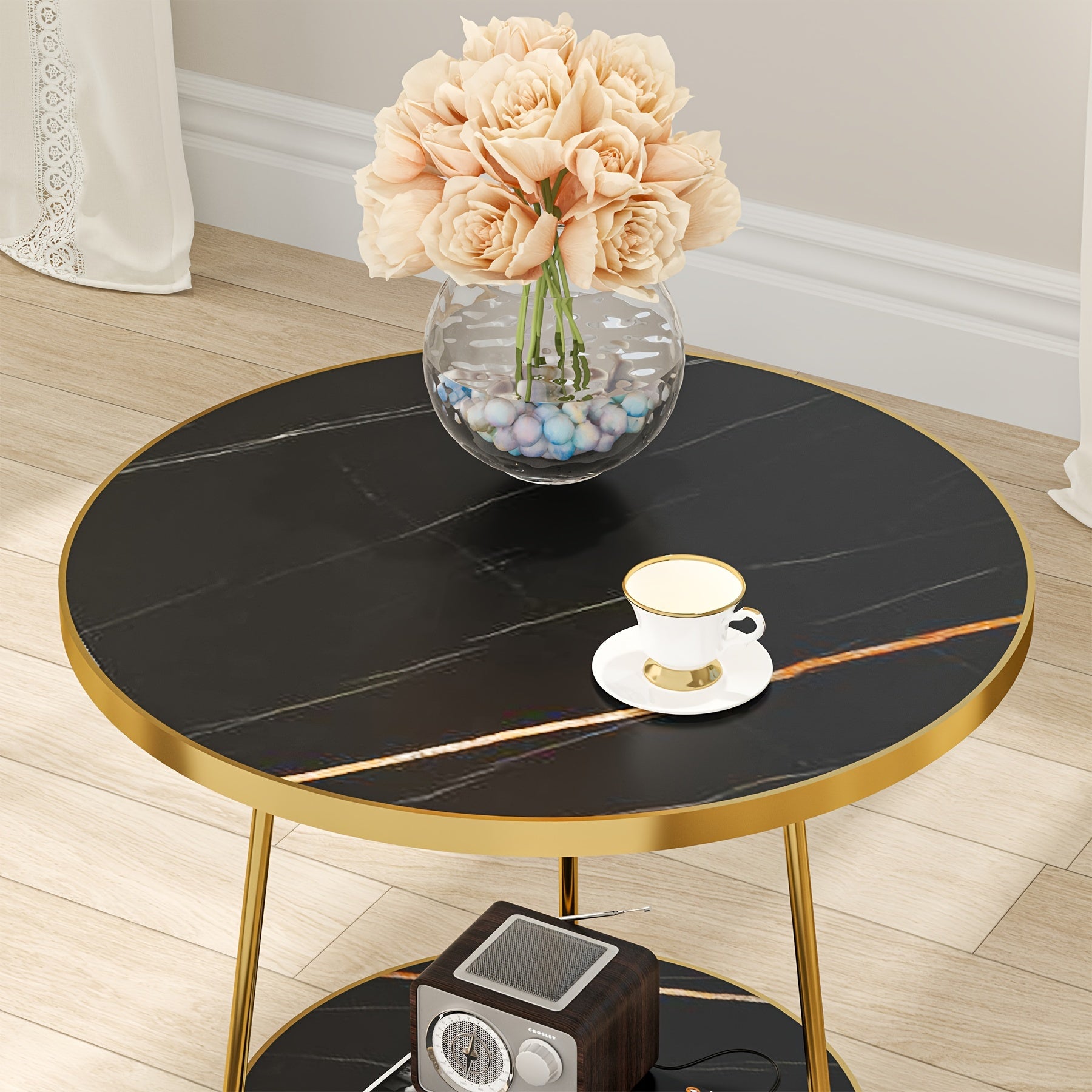 Christmas Decorations, Faux Marble End Table, 2 Tier Round Side Table With Shelves, Modern Black Nightstand Bedside Table Small Coffee Accent Table For Living Room Bedroom, Black And Golden, Gift Wrap, Stockings, Snowflakes,