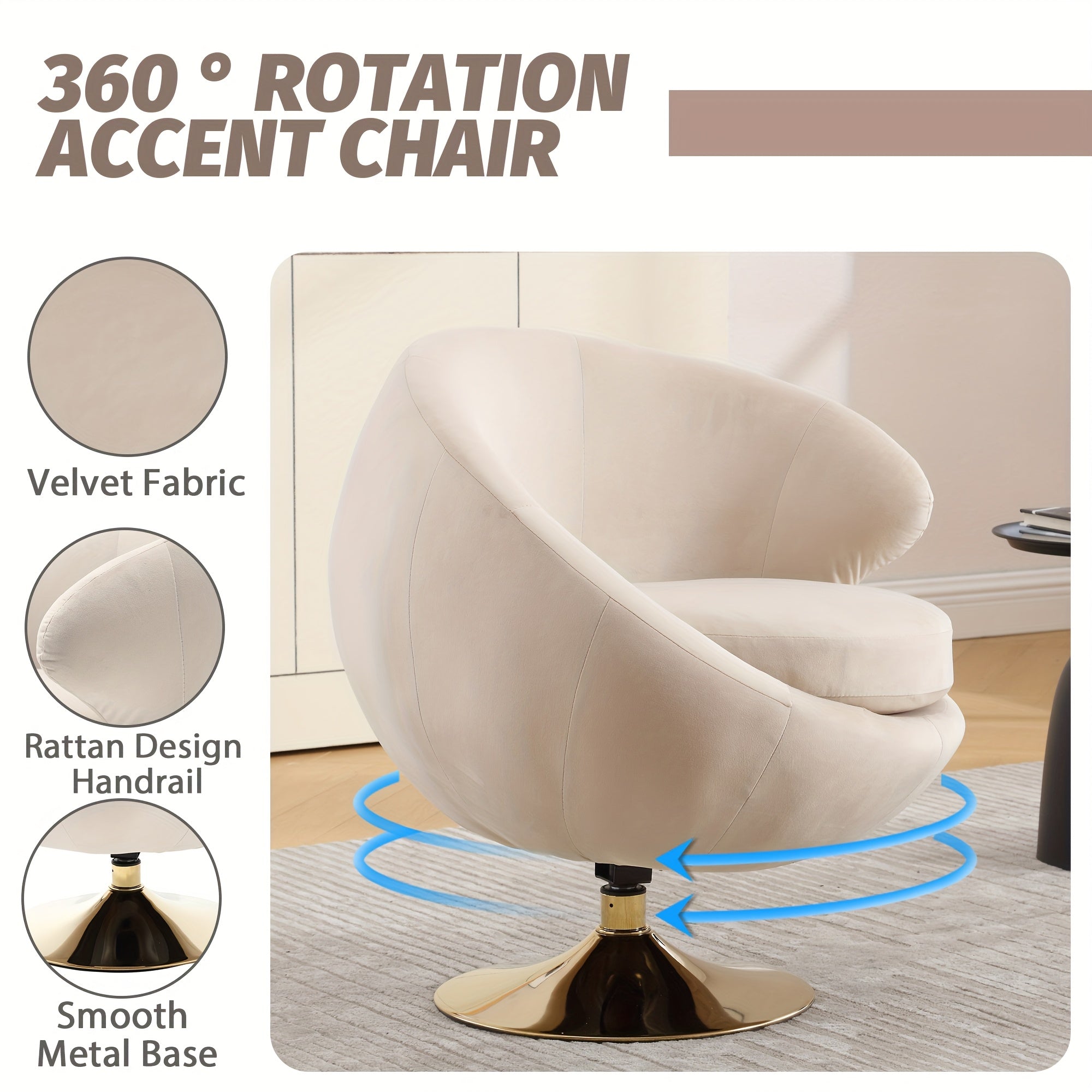 Modern Velvet Swivel Chair with Golden Base - 360° Rotating, Soft Cushioned Barrel Design for Living Room, Bedroom, Hotel, Studio, Bar, Salon