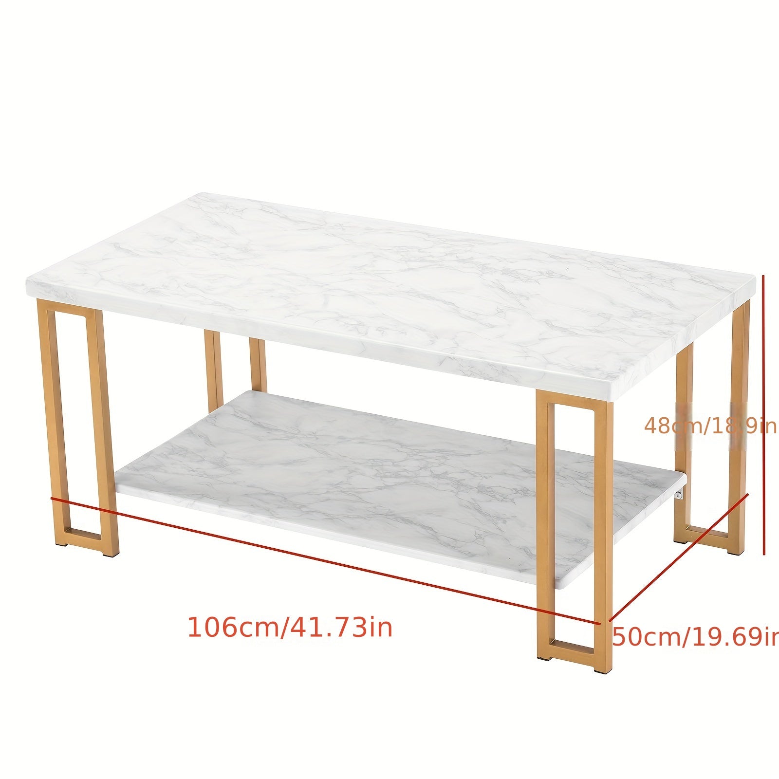 1pc Double Layer Square Frame Legs Coffee Table Rectangle Density Board, Iron 39.37*20.08*18.11inch Imitation Marble White Desktop Golden Baking Paint