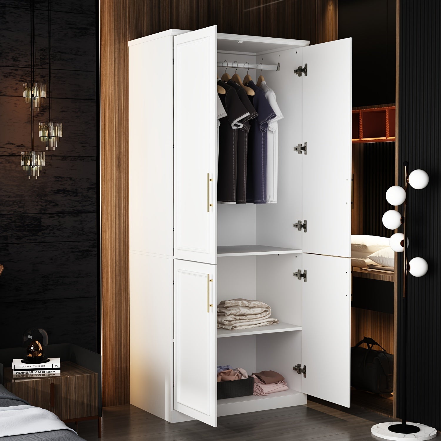 Armoire Wardrobe Closet with 4 Doors, Wardrobe with Hanging Rod, Modern Wardrobe Closet with Shelves