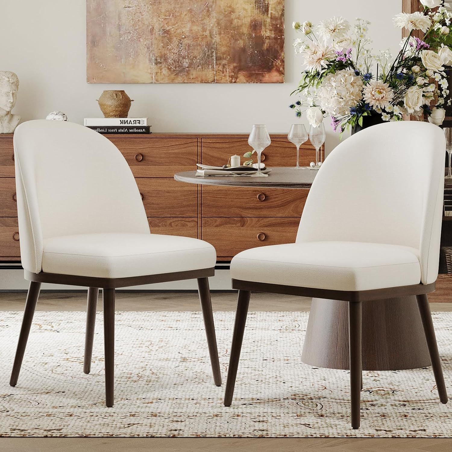 Classic Upholstered Dining Chairs Set of 2, Ergonomic Kitchen Chairs with Durable Rubberwood Frame and Anti-Slip Protectors, Curved Backrest Modern Fabric Dinner Chairs for Hard Floors