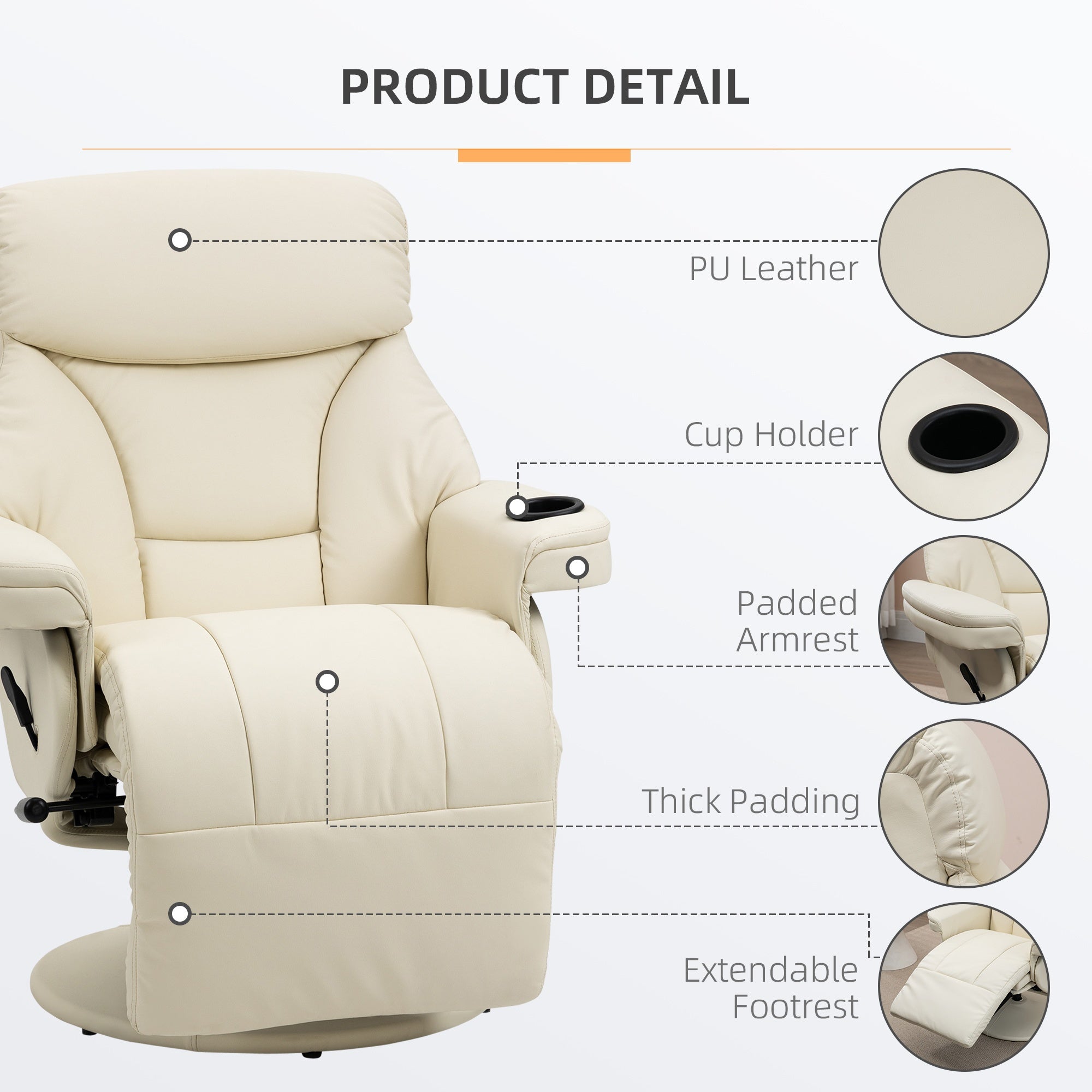 1pc Beige Manual Recliner Chair with Side Pocket, Swivel Lounge Armchair, Metal Frame, Upholstered Footrest and Cup Holder for Living Room Comfort