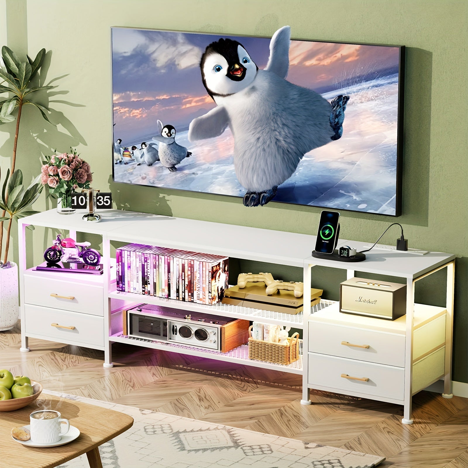 TV Stand For Bedroom, Dresser TV Stand For 65 70 73 Inch TV, White TV Stand With 4 Drawers And Shelf, Long TV Stand With Led Light & Power Outlet, For Living Room, White