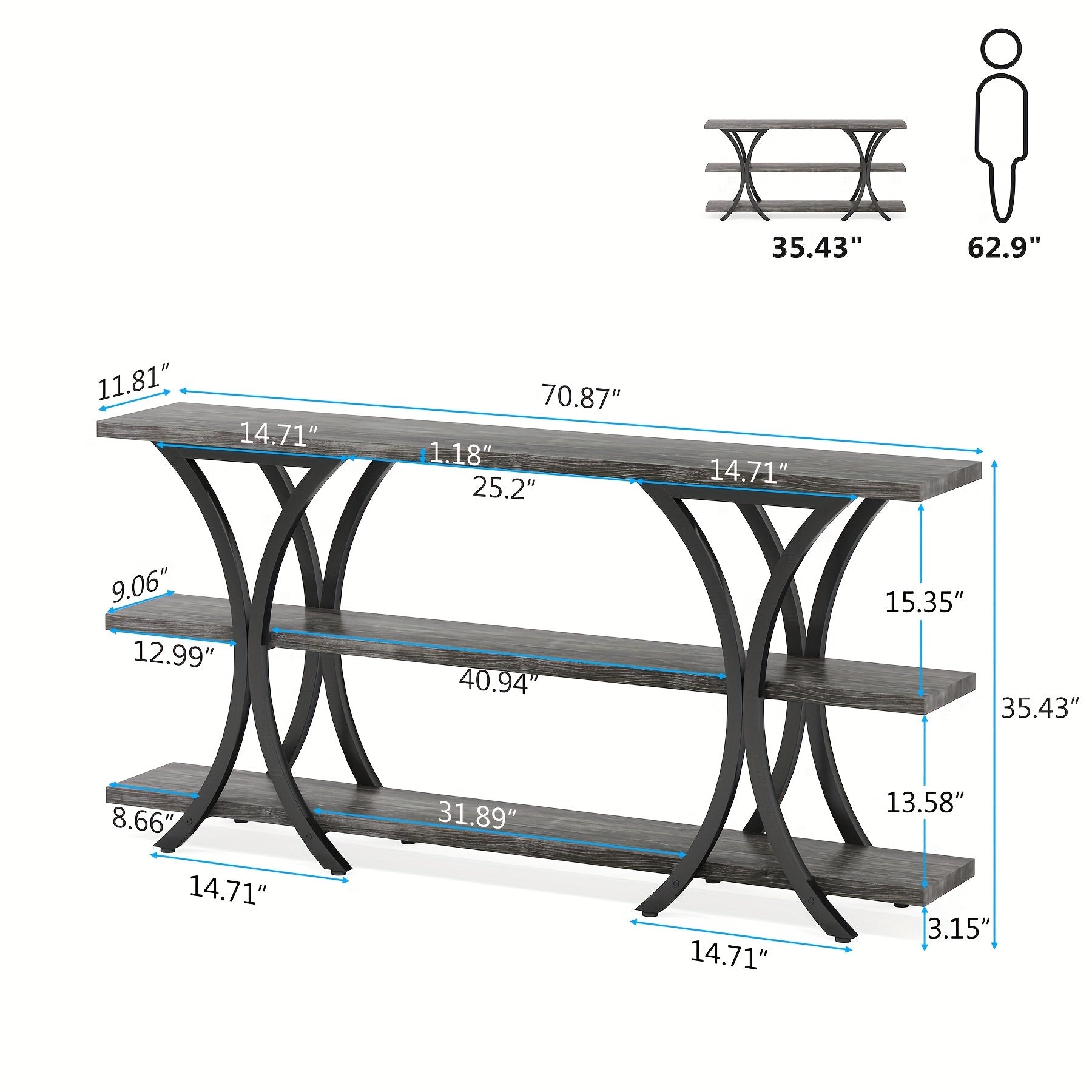 70.8 Inch Narrow Console Table, Long Sofa Table Entry Table with 3 Tier Storage Shelves for Entryway Hallway Living Room