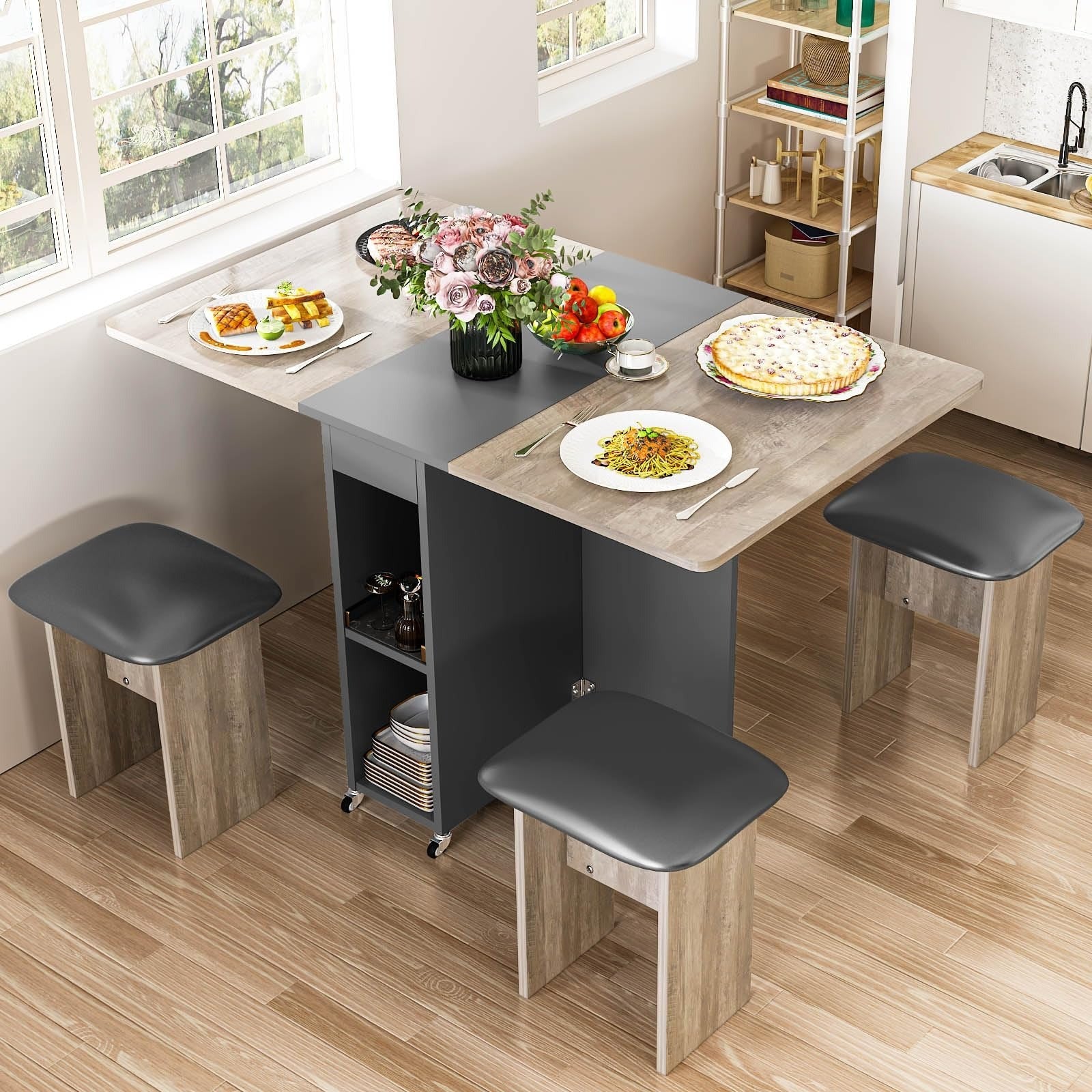 Space-Saving Foldable Dining Table Set for 4 People with 4 Chairs and Practical Shelves, Foldable Design with 6 Wheels, Perfect for Small Space Kitchens Furniture for Home