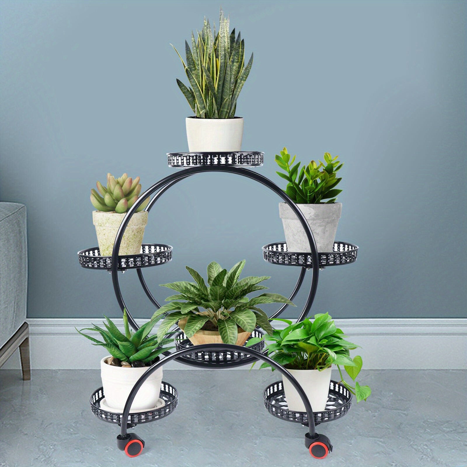 Modern 6-Tier Iron Plant Stand with Wheels - Indoor/Outdoor Flower Pot Rack Display Shelf, Black