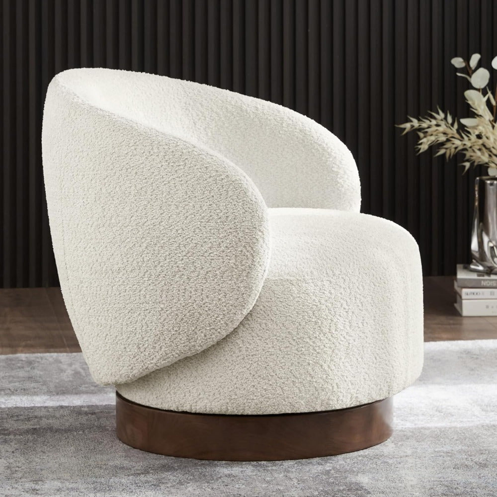 1pc Cream Swivel Accent Chair, Round Barrel Armchair with Upholstered Performance Fabric, Solid Back, Hardwood Material, Non-Adjustable Recline, Wipe Clean Care, for Living Room Bedroom Waiting Room