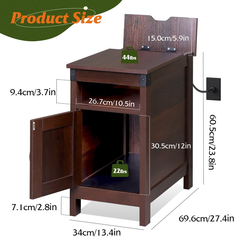 Vintage Farmhouse End Table with Charging Station - Slim Side Table for Living Room & Bedroom, Dark Brown with USB Ports & Outlets, Foldable Design with Storage Drawer, Ideal for Couch Setup, Living Room Table