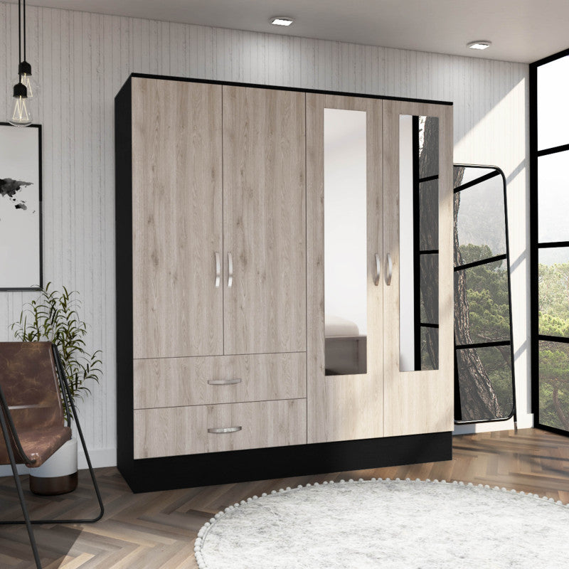 Armoire Six Shelves Two Double Door Cabinets Two Mirrors Two Drawers Rod Black/ Light Gray - Multicolor - Wardrobe &