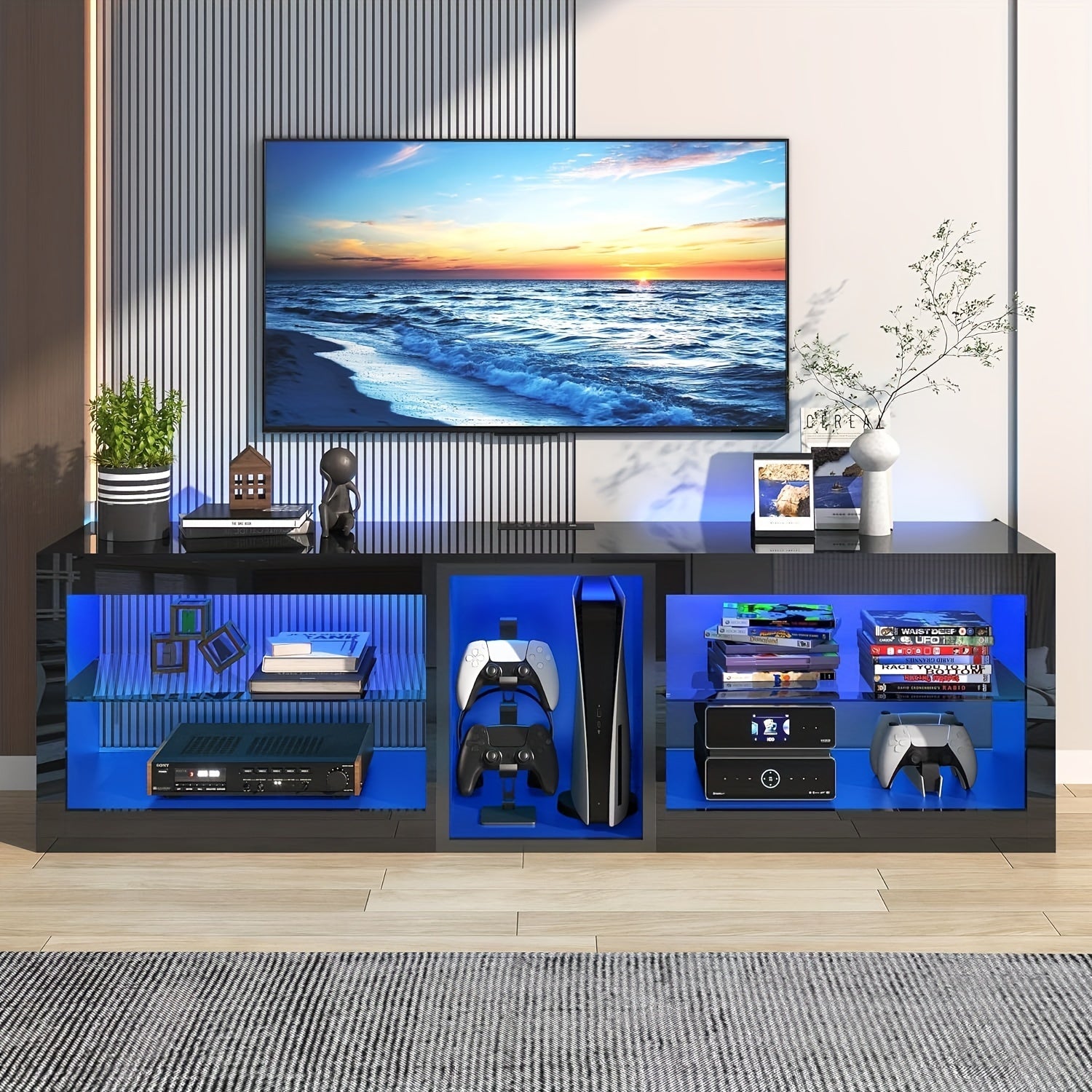 LED TV Stands W/60, 000-Colors Lights&6.5ft Power Outlet For 55 60 65 70inch TV, Modern High Gloss LED Black Entertainment Center W/Adjustable Shelves For Living Room Gameroom/Bedroom