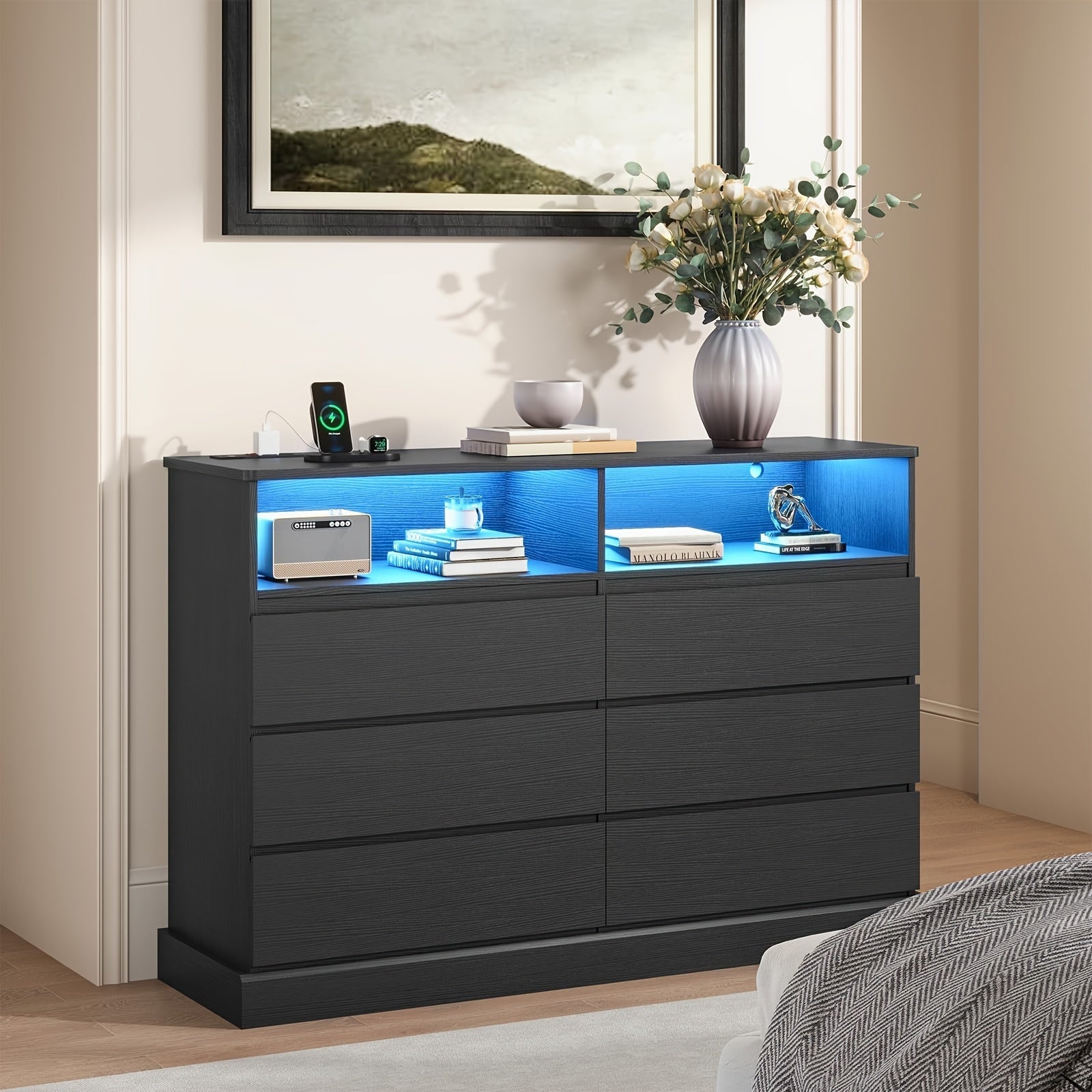 Bedroom Dressing Table With LED Lights And Charging Station Dressing Table With Handleless Drawers Modern Chest