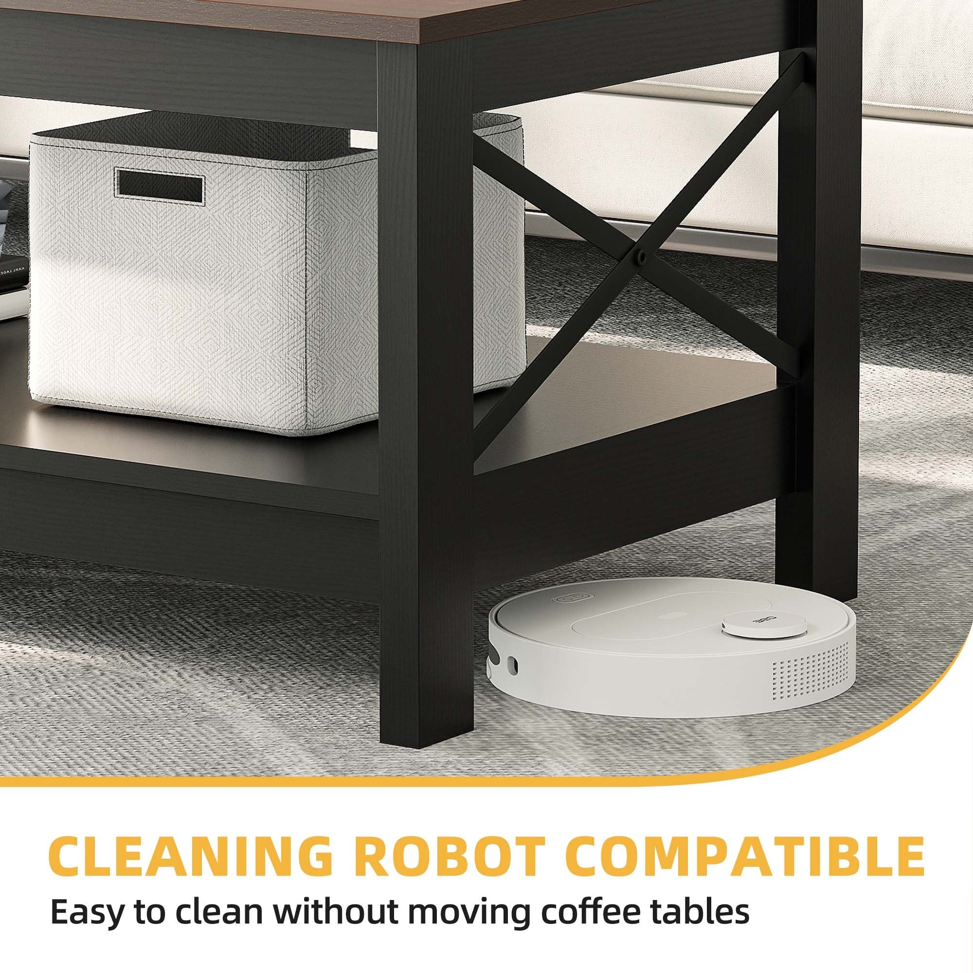 Rustic Farmhouse Coffee Table with Dual- Tier Brown Finish and Concealed Storage Compartment - Walnut + black - Coffee
