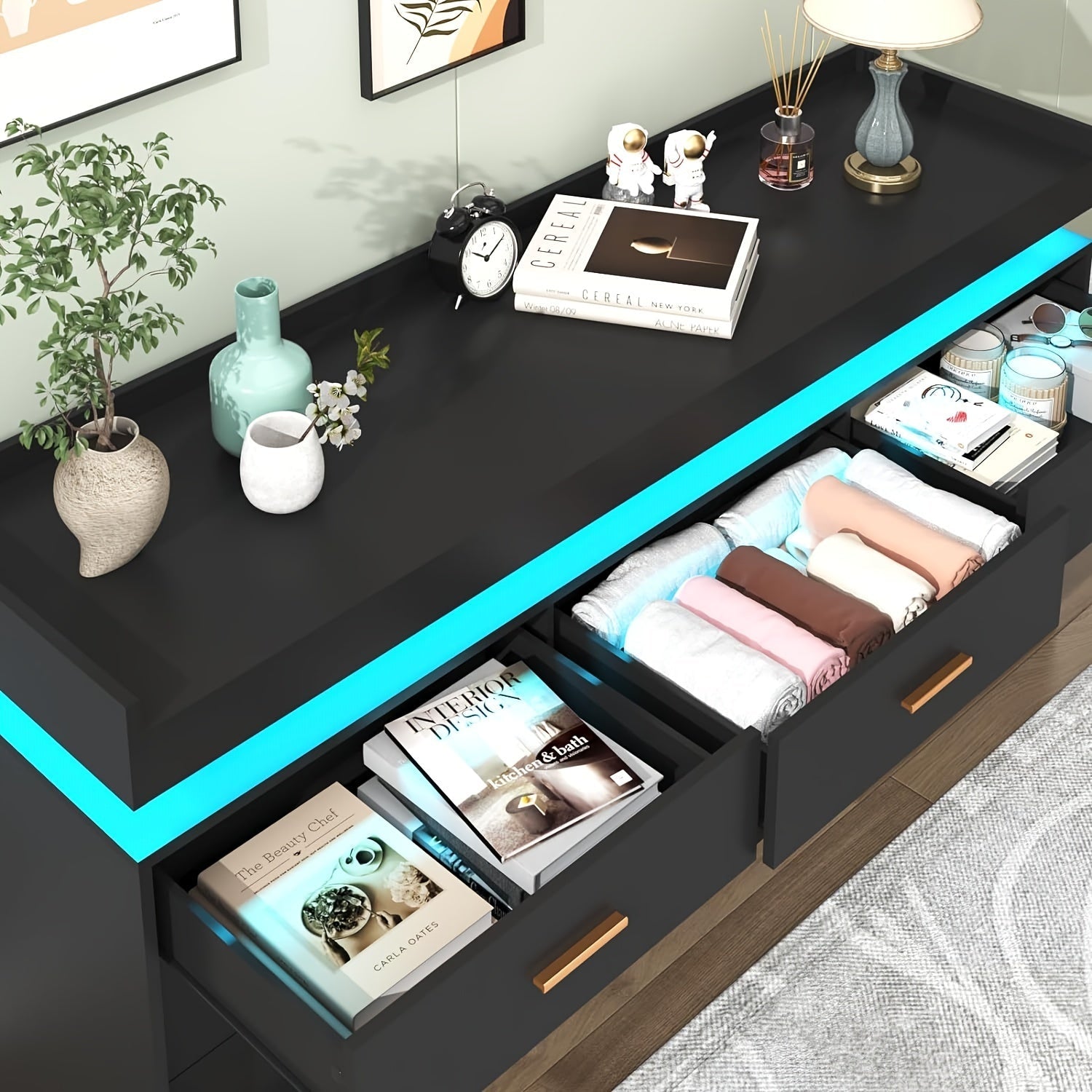 9 Drawer Dresser With LED Light Modern Chest Of Drawers For Closet Wide Drawer Organizer Cabinet For Bedroom Living