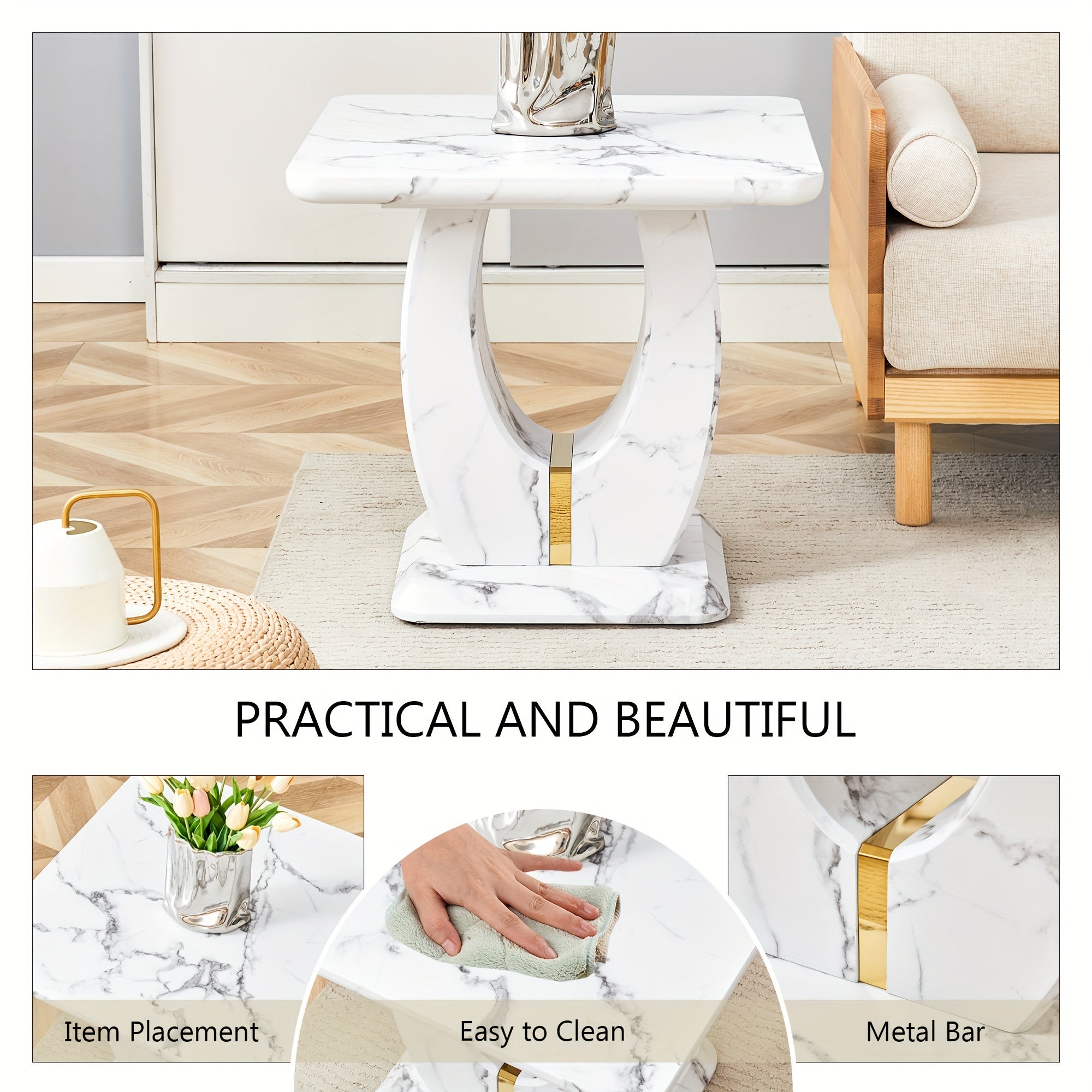 Modern Faux Marble Pattern Side Table with Golden Accents 23.6’’ Square Top Adjustable Foot Pads And Sturdy Base