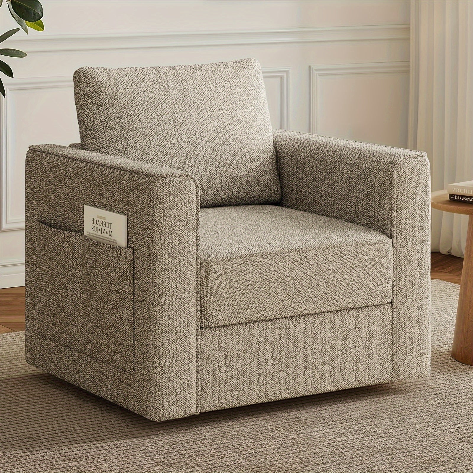 Swivel Accent Chair, Modern Linen Arm Chair Single Sofa Chair, Reading Chair W/Side Pocket & Storage, 23.2" Width Comfy Seat Cushion, Oversized Armchair For Living Room, Office