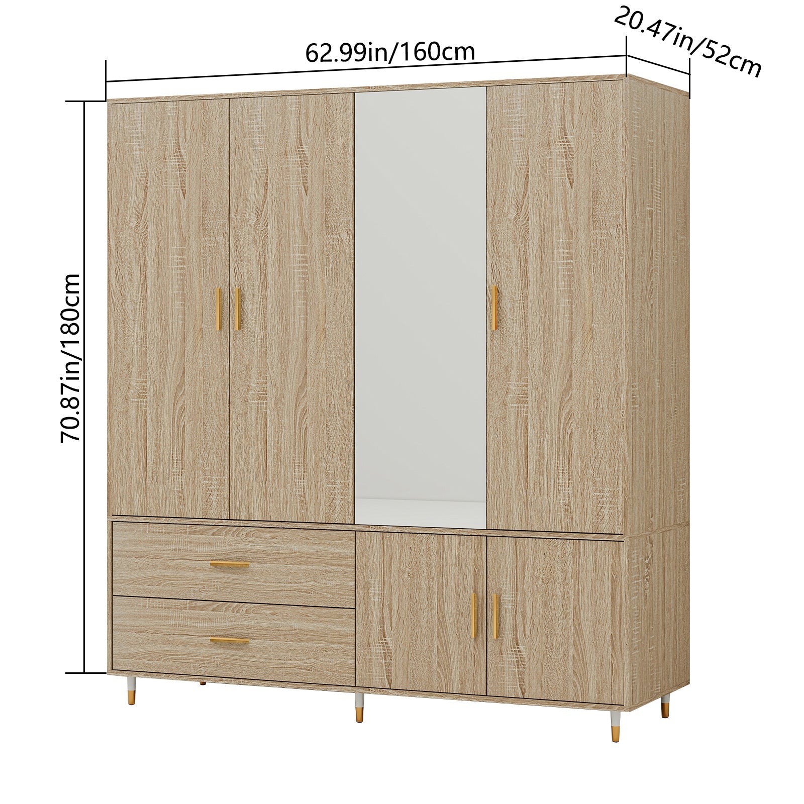 1pc Modern Multi-Functional 4-Door Wooden Armoire Wardrobe with Mirror Door & Drawers - Freestanding Hardwood & MDF Bedroom Closet for Clothing Storage