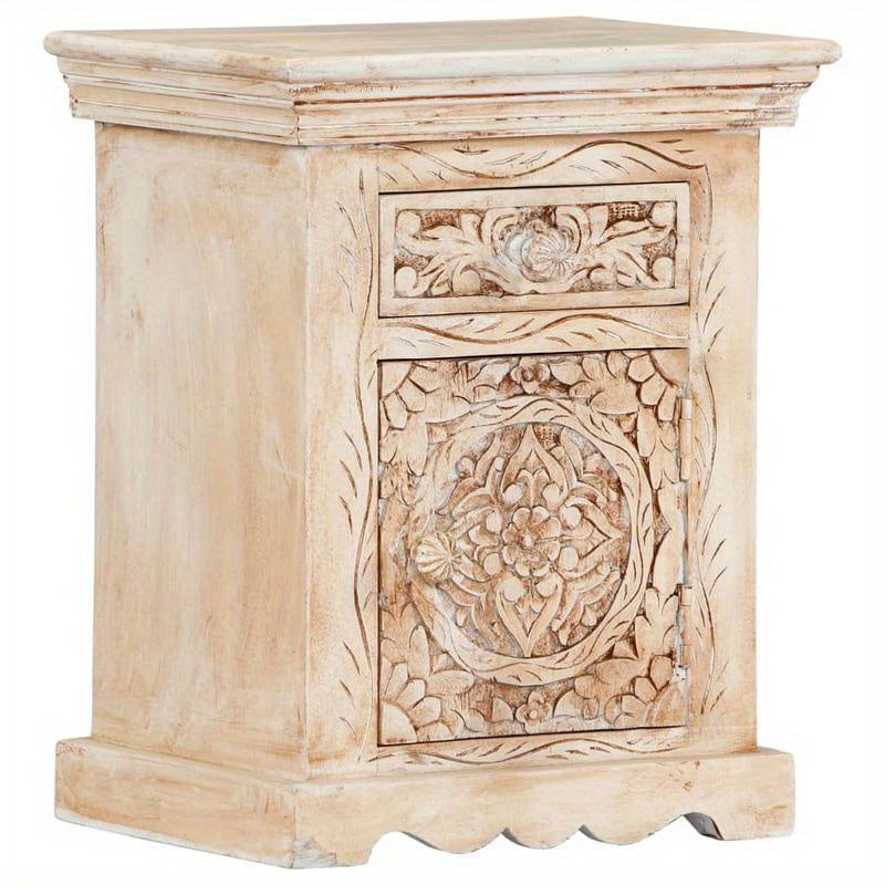 1pc Handcrafted Carved Wooden Bedside Cabinet, Multifunctional Hardwood Nightstand with Storage, Vintage Style, No Electricity Required, Sturdy & Durable, Fits in Small Spaces, Under 27" Height