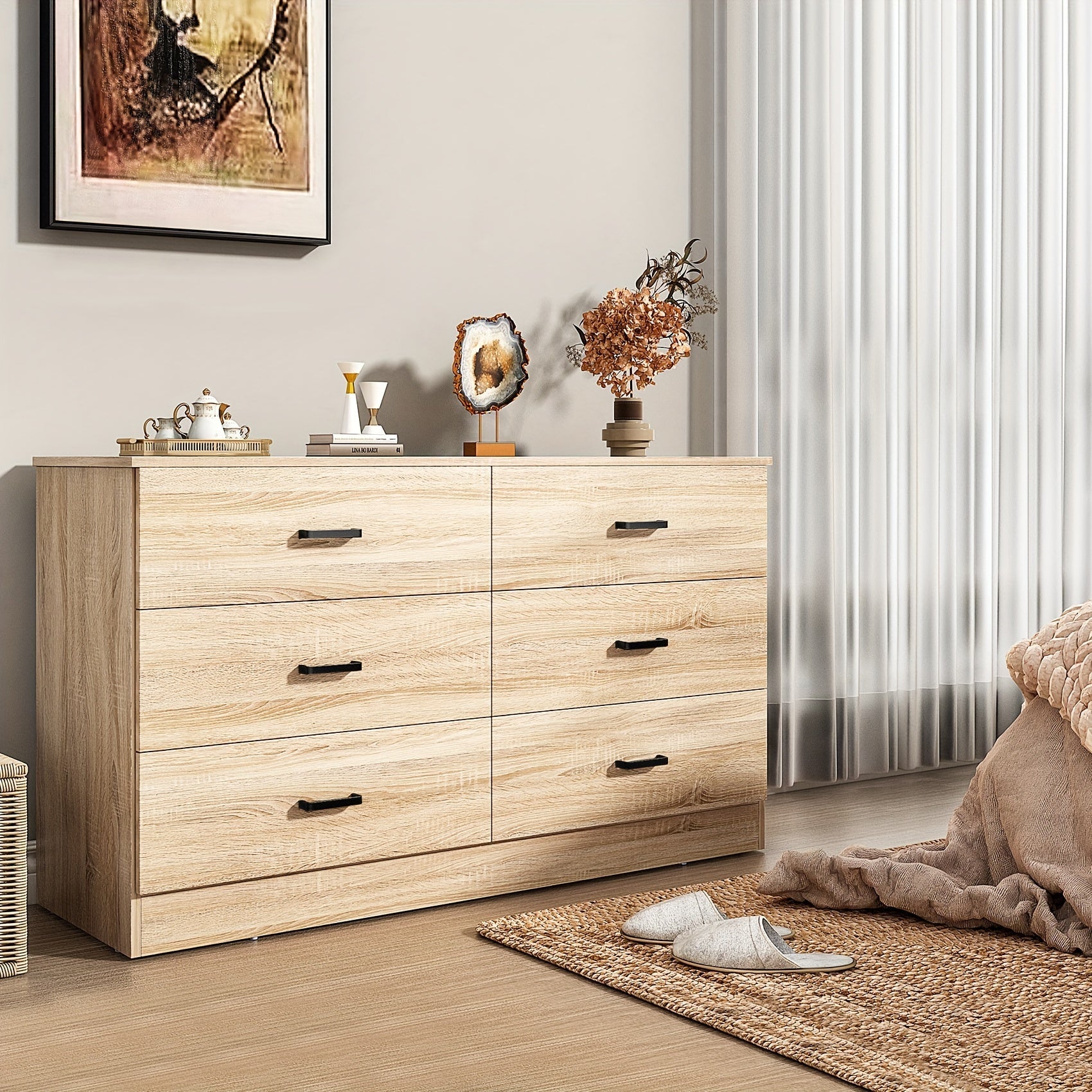 6 Drawer Dresser For Bedroom With Deep Drawers Large Wood Dressers & Chest Of Drawers Handle Free Modern Long Dressers