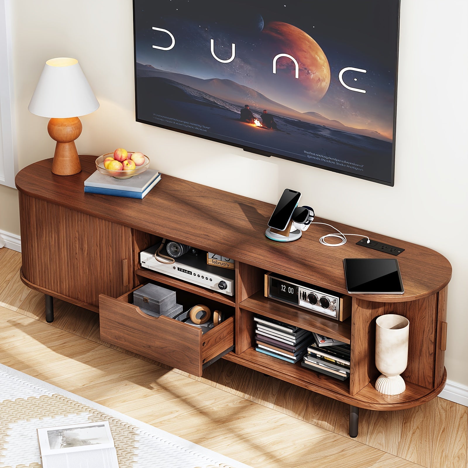 Festive 69" Walnut TV Stand with Power Outlets - Fits TVs Up to 80", Modern Media Entertainment Center with Storage, Drawers, Adjustable Shelves & Sliding Doors - Ideal for Holiday Living Room Decor, TV Console Table