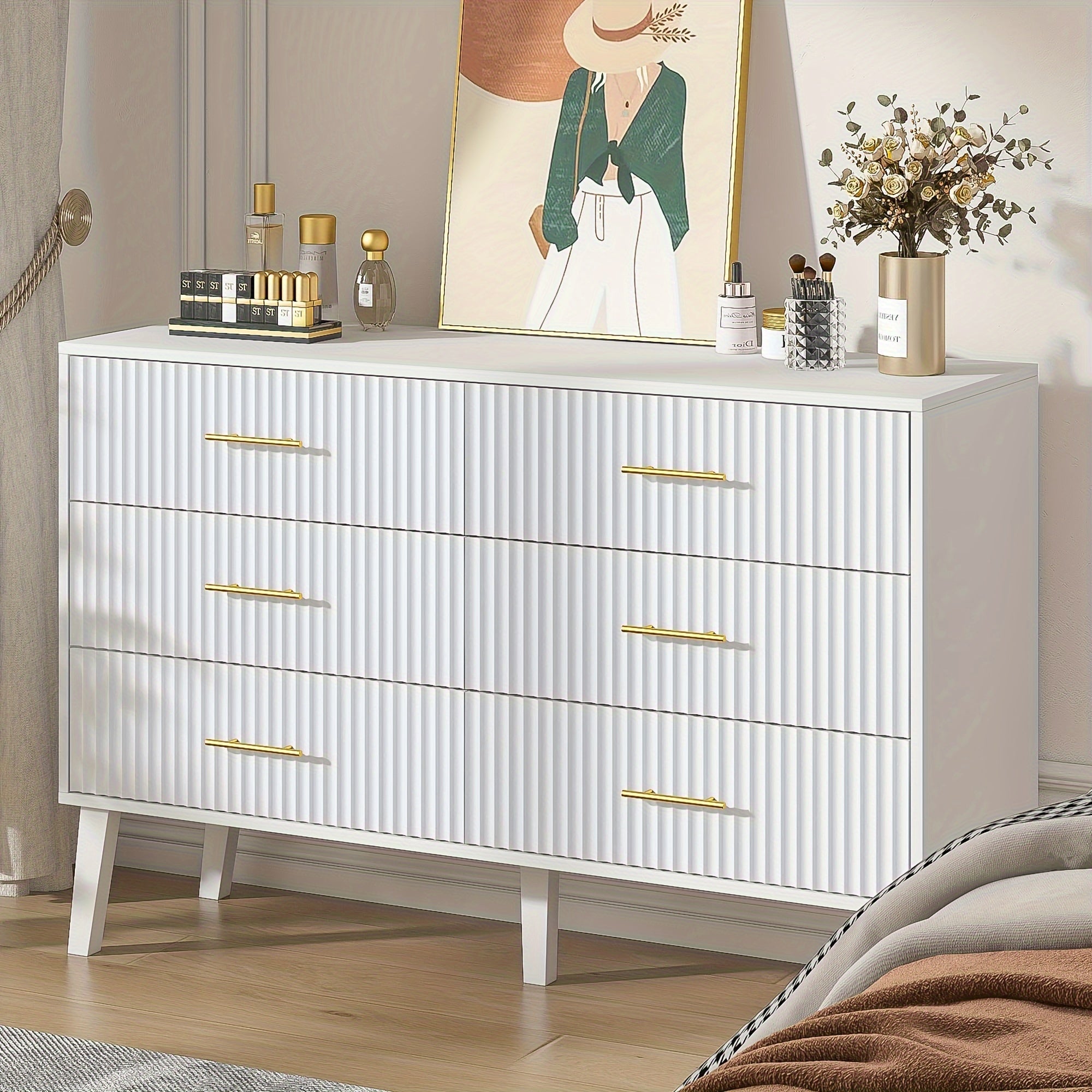 6 Drawer Accent Dresser, Modern Closet Dressers Chest Of Drawers With Fluted Panel, Suitable For Living Room, Bedroom, Nursery, Entryway And Hallway