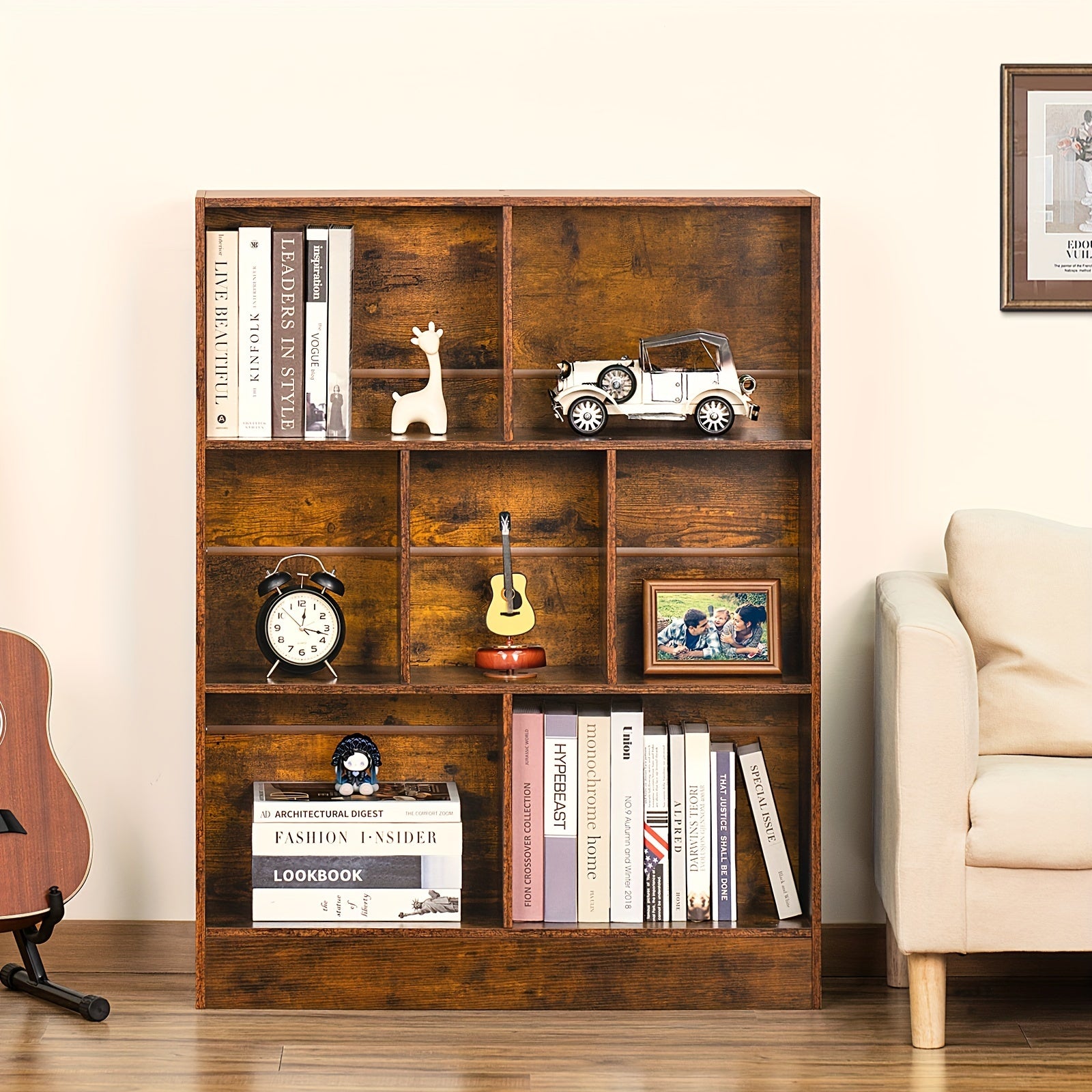 7 Cube Bookshelf with Base 3 Tier Mid-Century Modern Brown Bookcase Standing Wide Bookshelves Storage Organizer Shelf