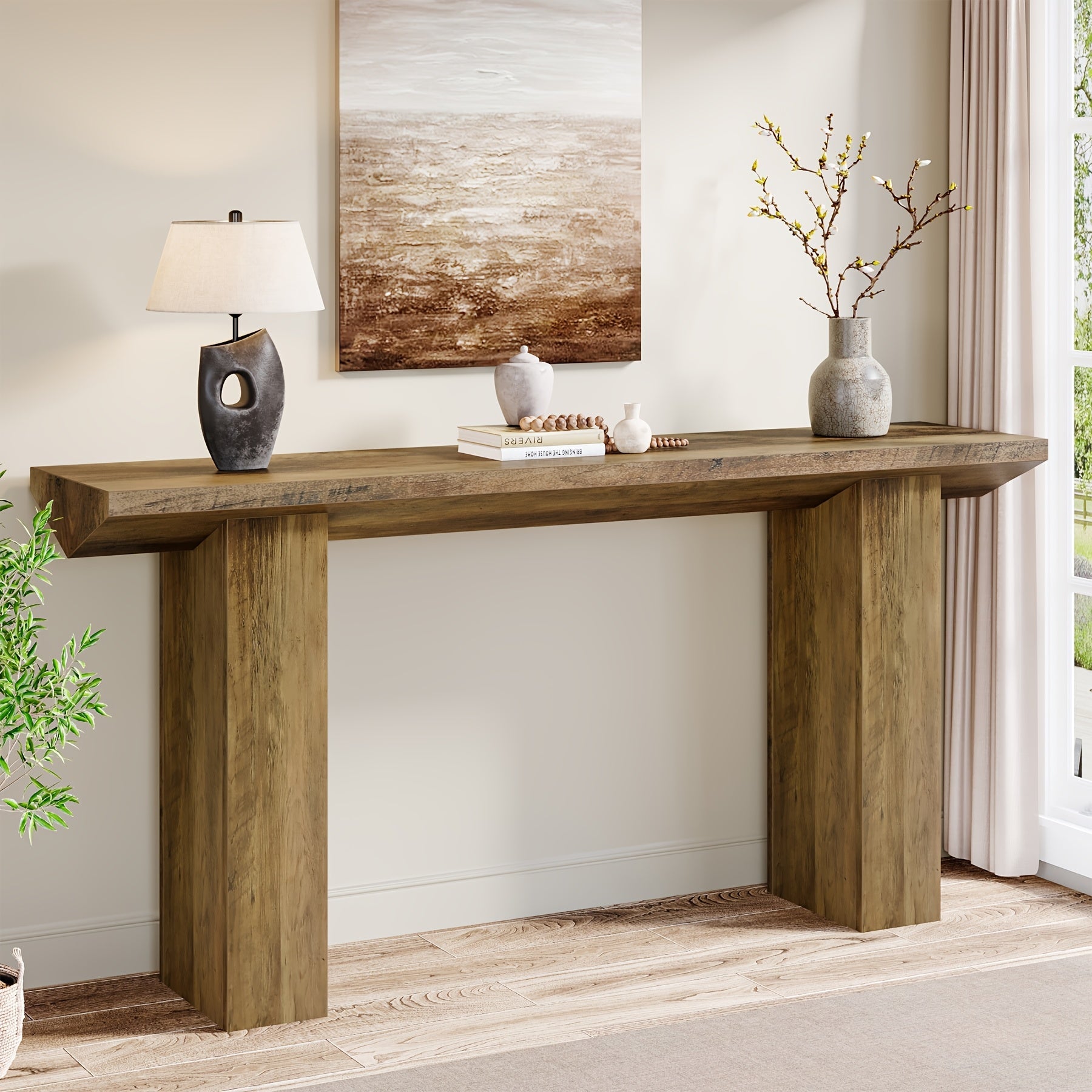 Chic Farmhouse Console Table - 63" Long, Stain-Resistant MDF Wooden Desk with Unique Inverted Triangle Design for Office, Entryway, or Living Room Decor