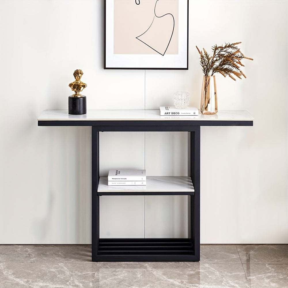 47.24 in Modern Console Table with Storage Space, Sintered Stone Entryway Table, Accent Table Sofa Table with Metal Base, Narrow Table Foyer Table for Entrance, Living Room, Hallway