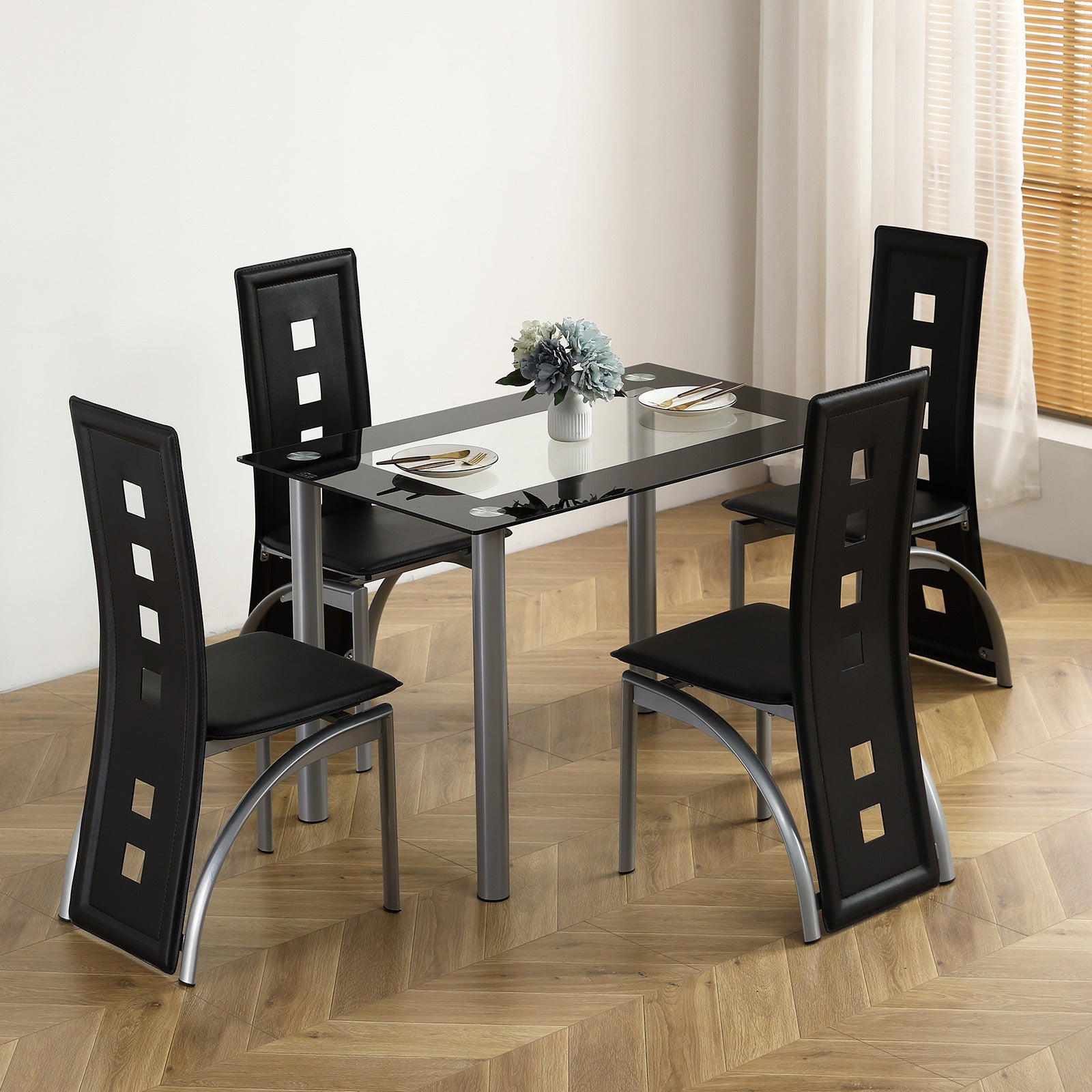 Modern Dining Table Set with 1 Glass Dining Table and 4 Leather Chairs 5pcs Dining Table Set for Kitchen & Breakfast