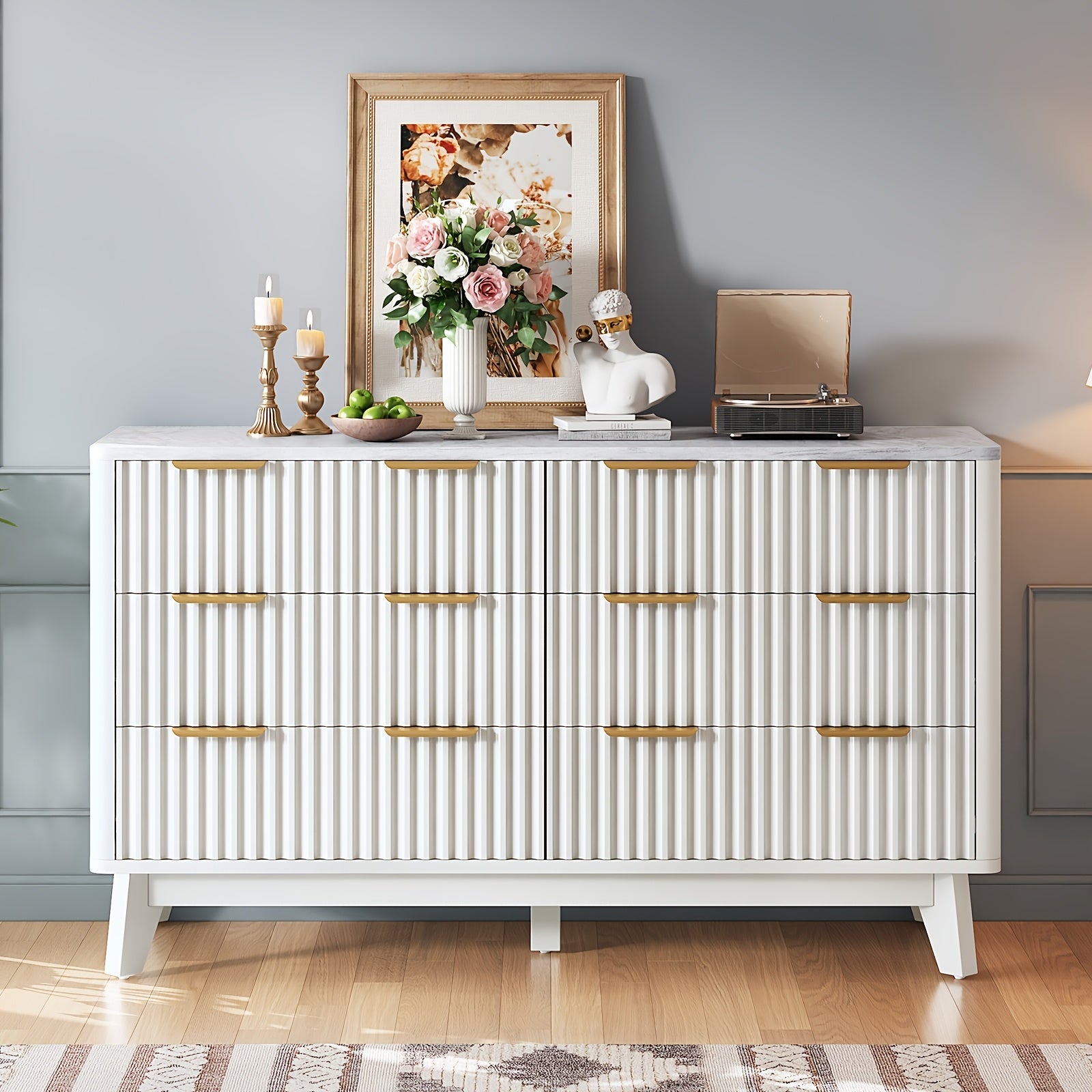 Fluted 6-Drawer Dresser With Imitation Marble Top, Wide Contemporary Dresser With Drawers, Wooden Chest, Drawer Organizer Suitable For Bedroom, Living Area, Hall, And Entrance